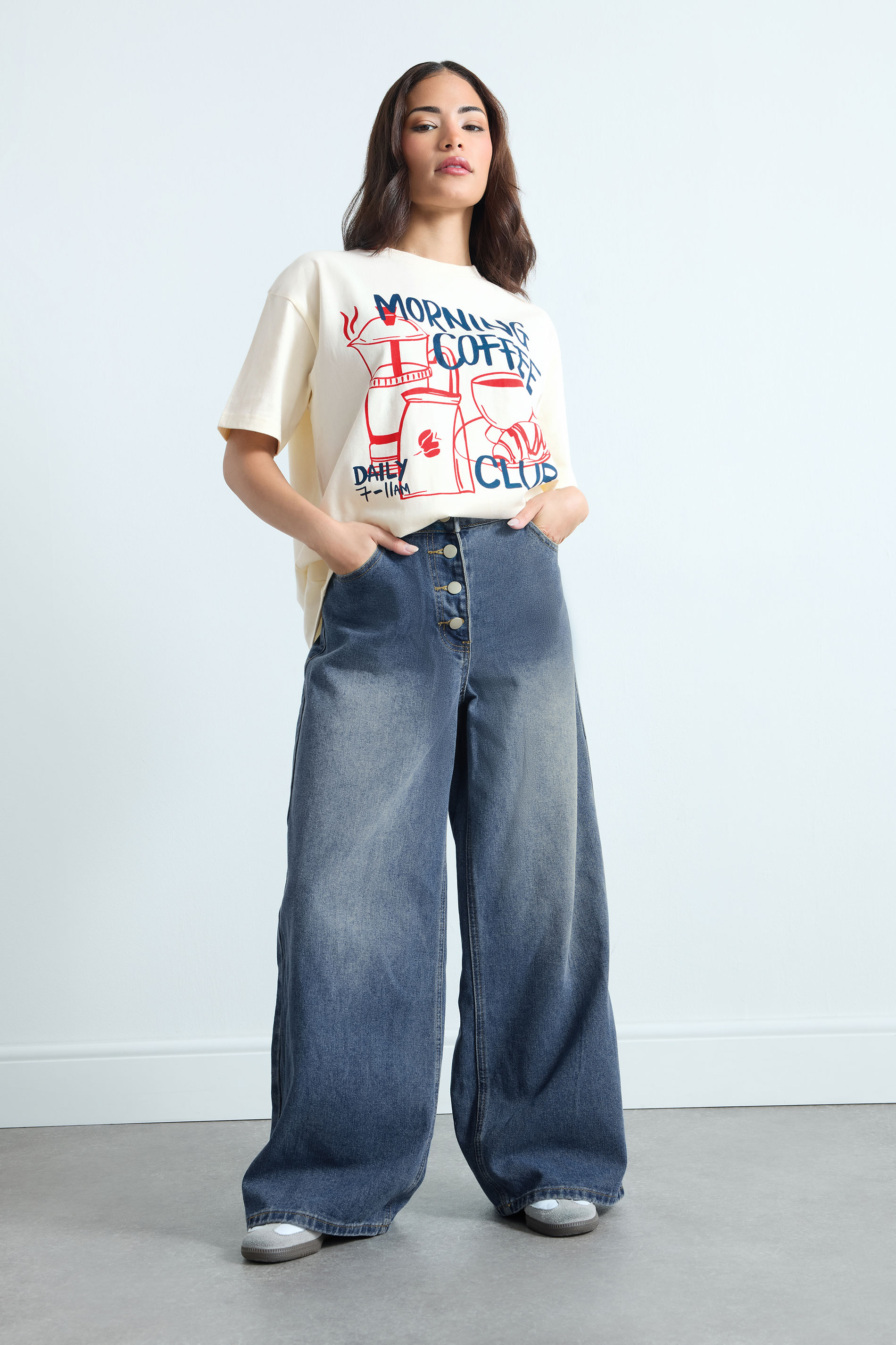 PixieGirl Petite Women's Mid Blue Button Front Wide Leg Jeans | PixieGirl 3