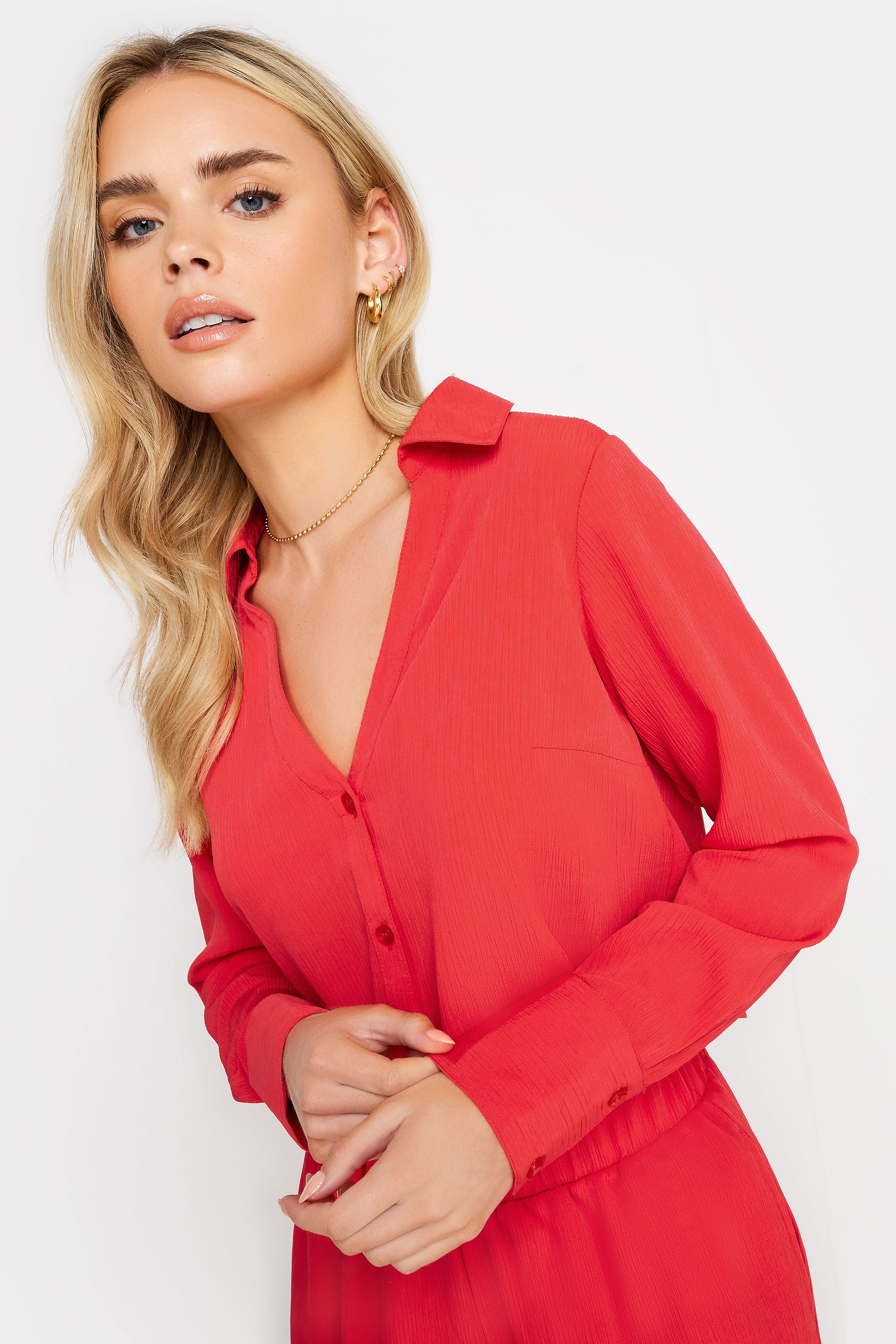 PixieGirl Petite Womens Red Textured Cropped Shirt | PixieGirl 5