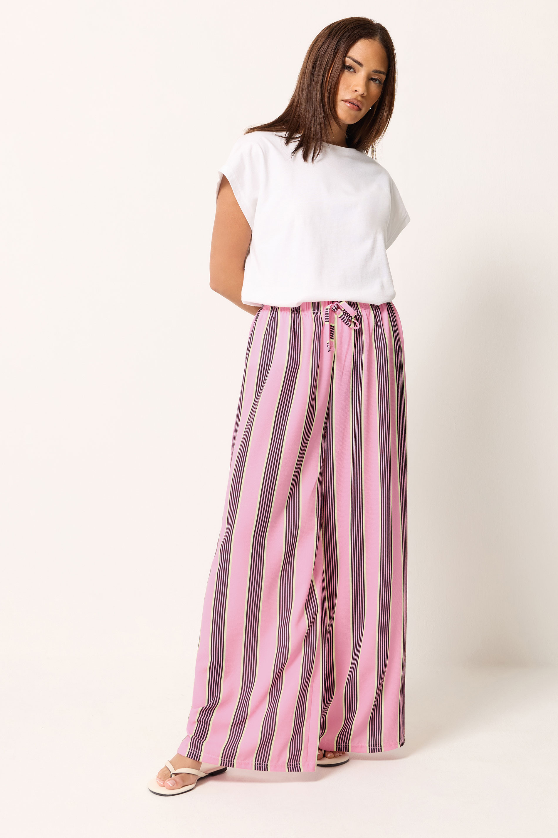 PixieGirl Petite Pink Striped Wide Leg Trousers | PixieGirl 3