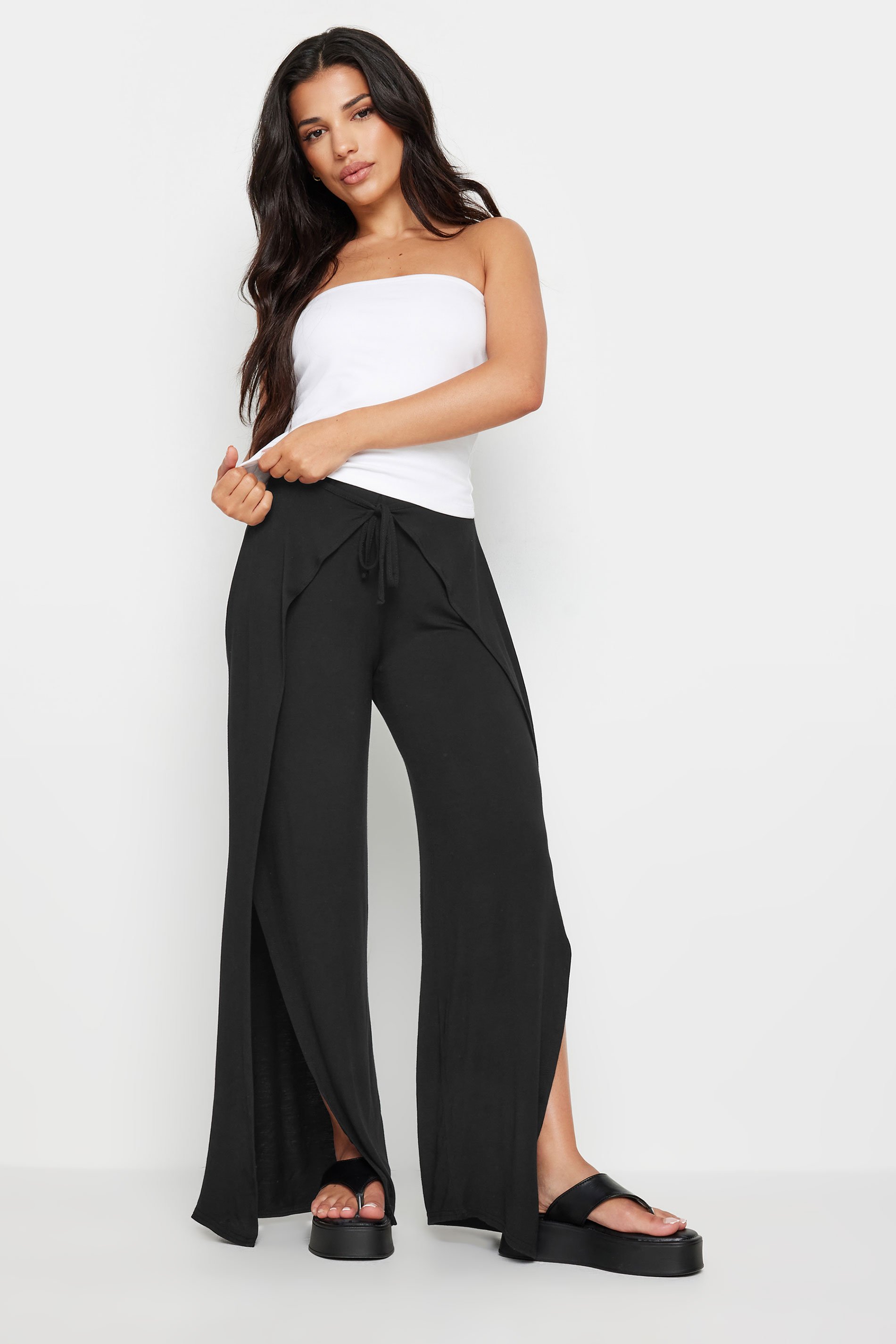 PixieGirl Petite Women's Black Wide Leg Wrap Trousers | PixieGirl 1
