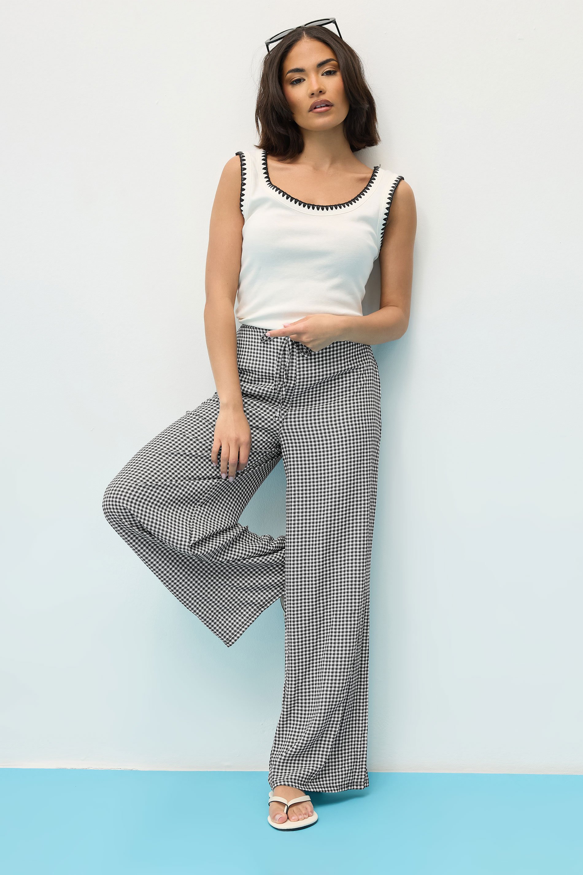 PixieGirl Petite Women's Black Gingham Wide Leg Trousers | PixieGirl 1