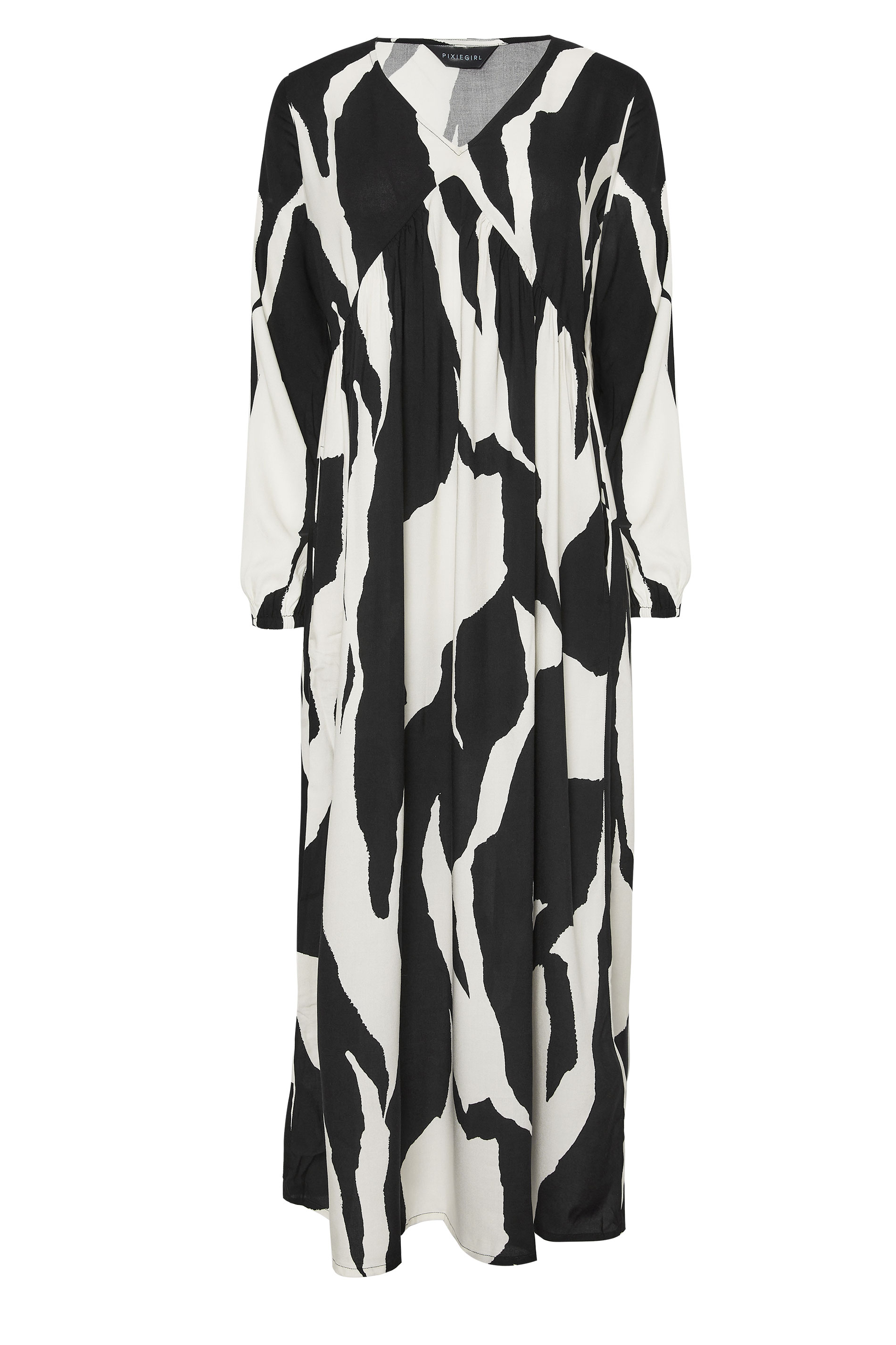 PixieGirl Petite Women's Black Abstract Print Maxi Smock Dress | PixieGirl 5