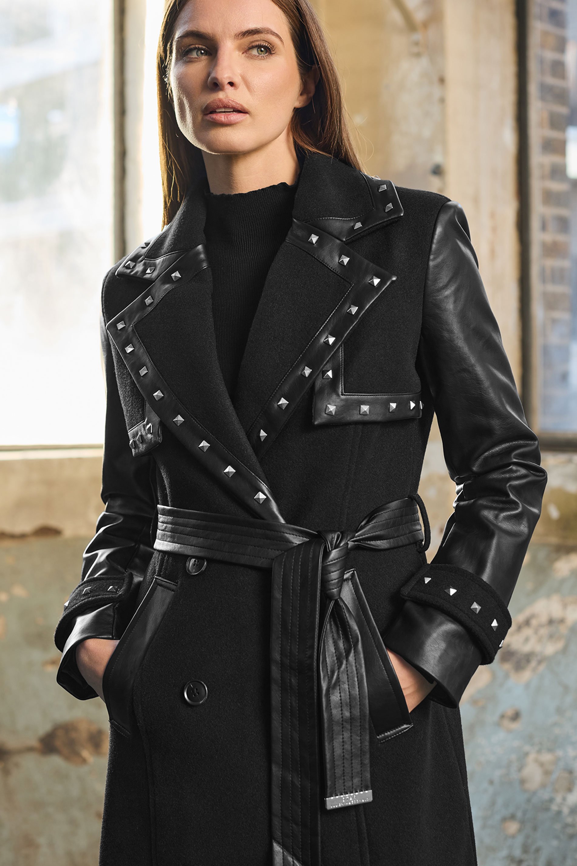 STAR Black Faux Leather Studded Trench Coat | STAR x JM 1
