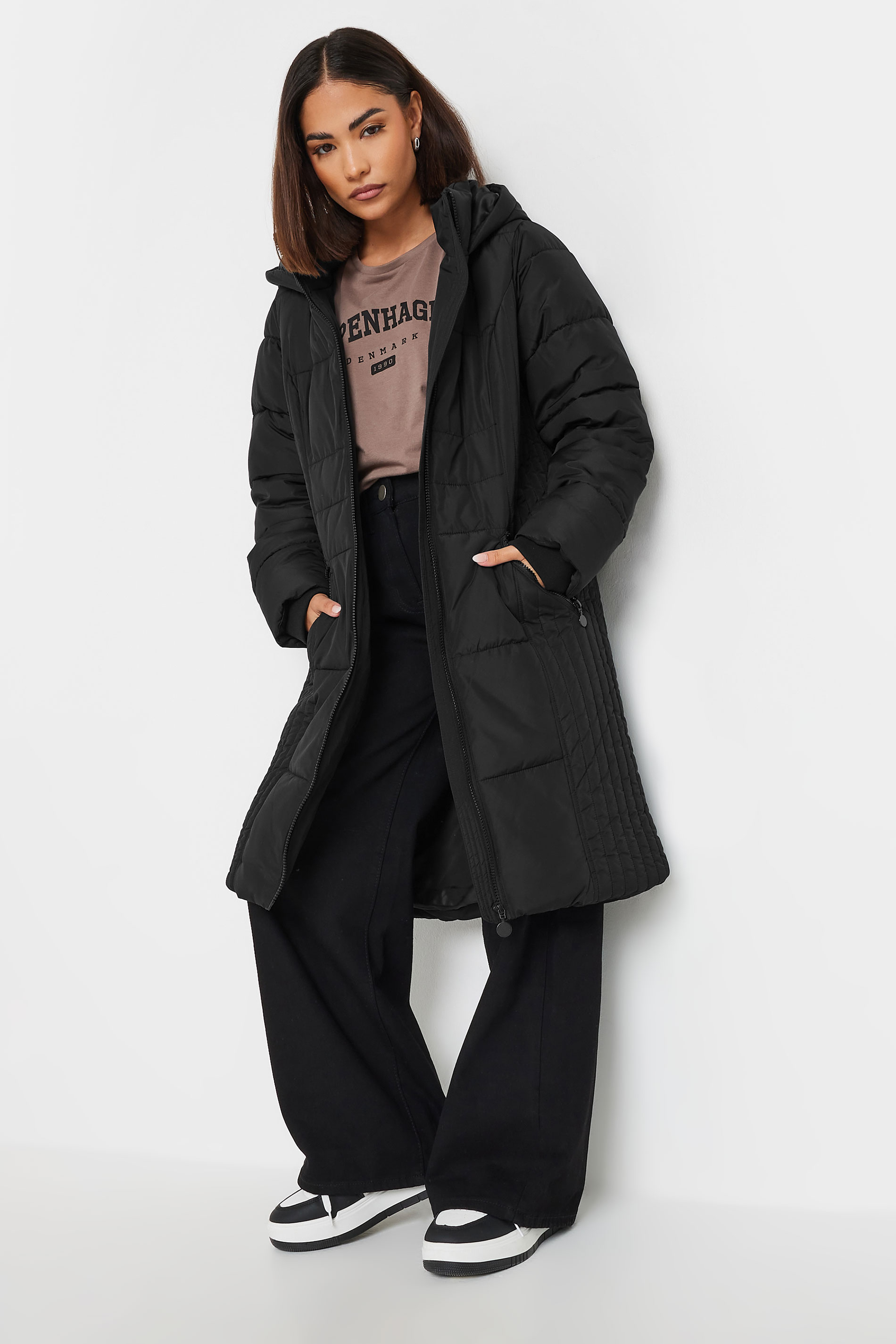 PixieGirl Petite Women's Black Sporty Zip Through Midi Padded Coat | PixieGirl 2