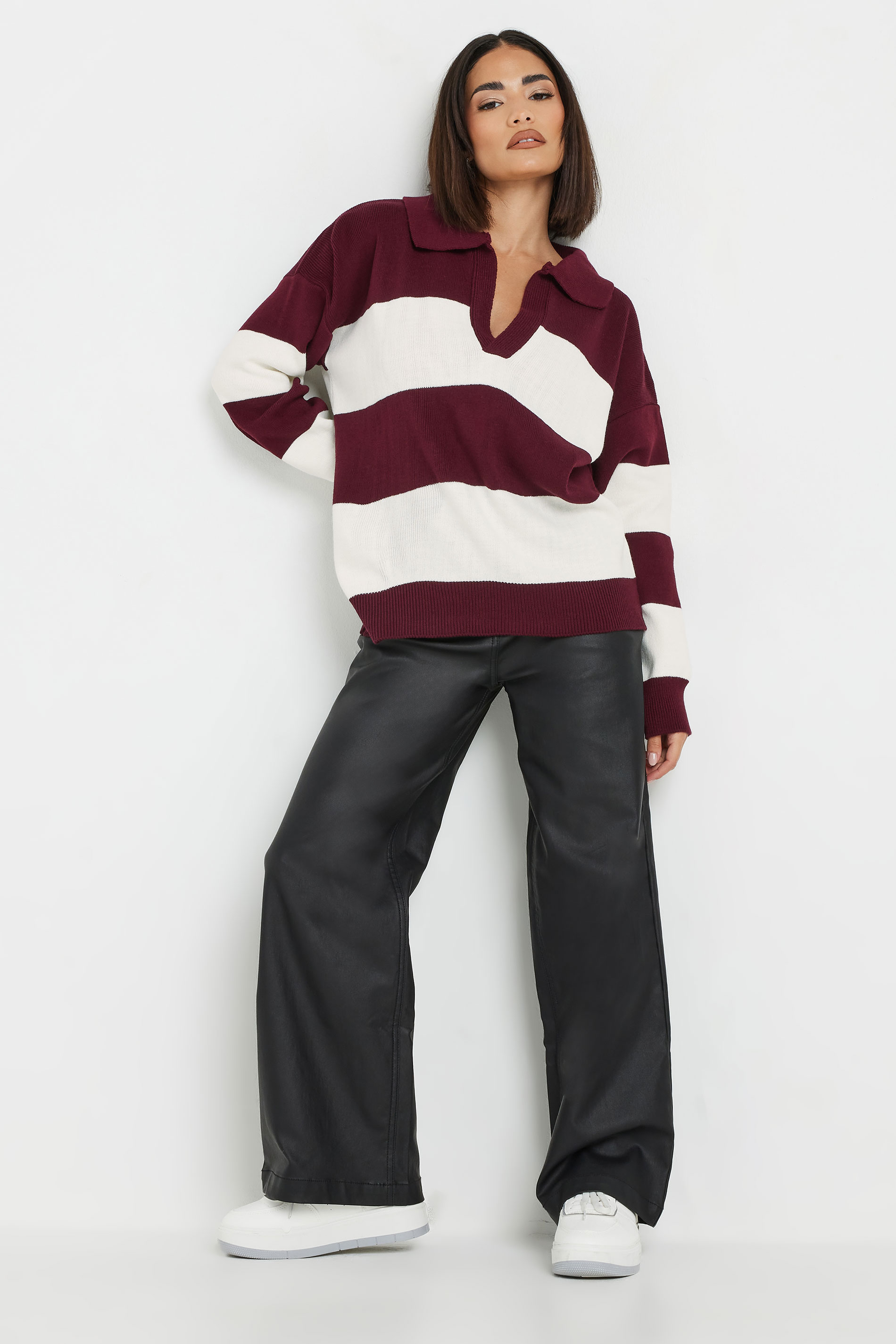 PixieGirl Petite Women's Burgundy Red Stripe Collared Knitted Jumper | PixieGirl 3