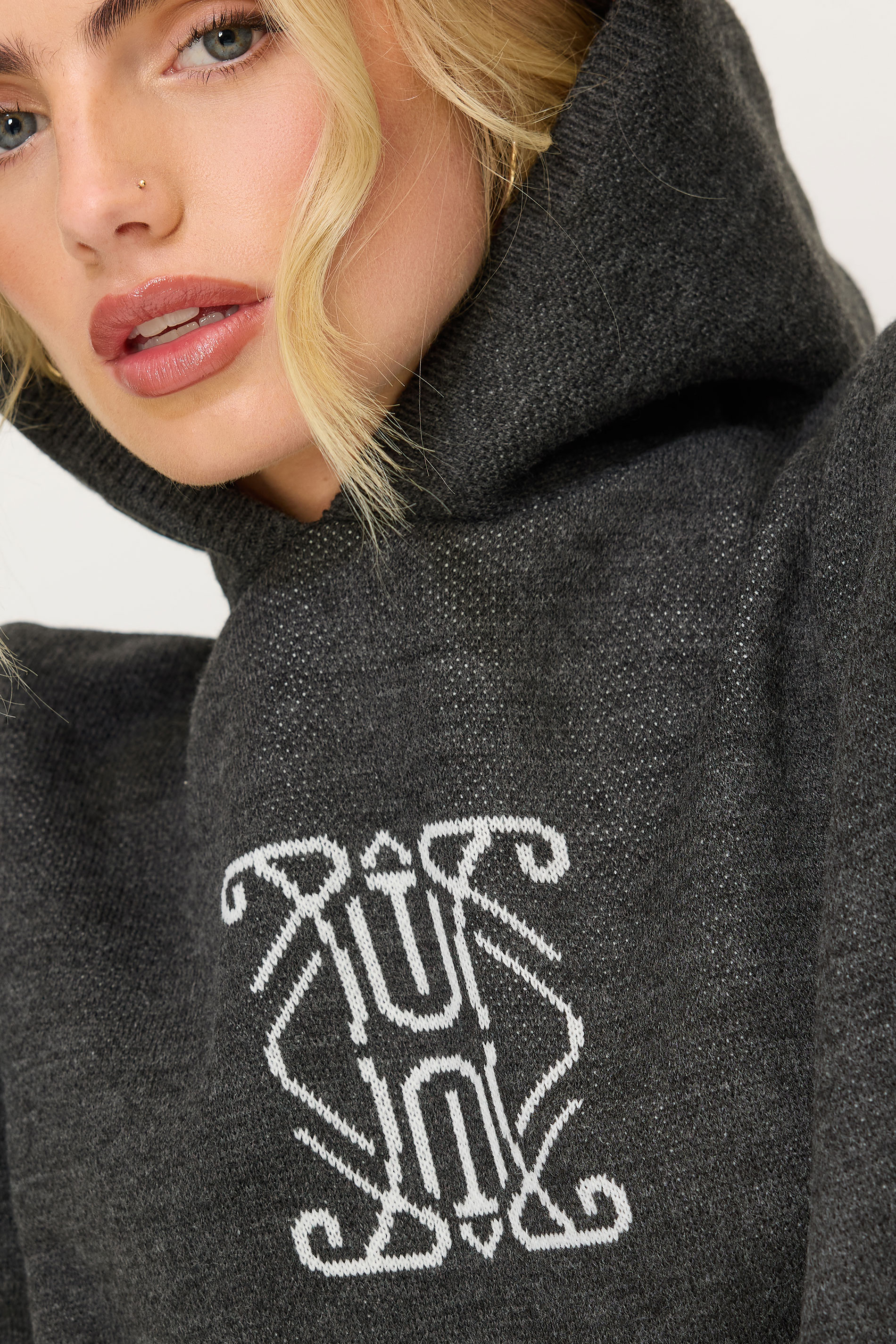 PixieGirl Petite Women's Charcoal Grey Knitted Contrast Swirl Hoodie | PixieGirl 4