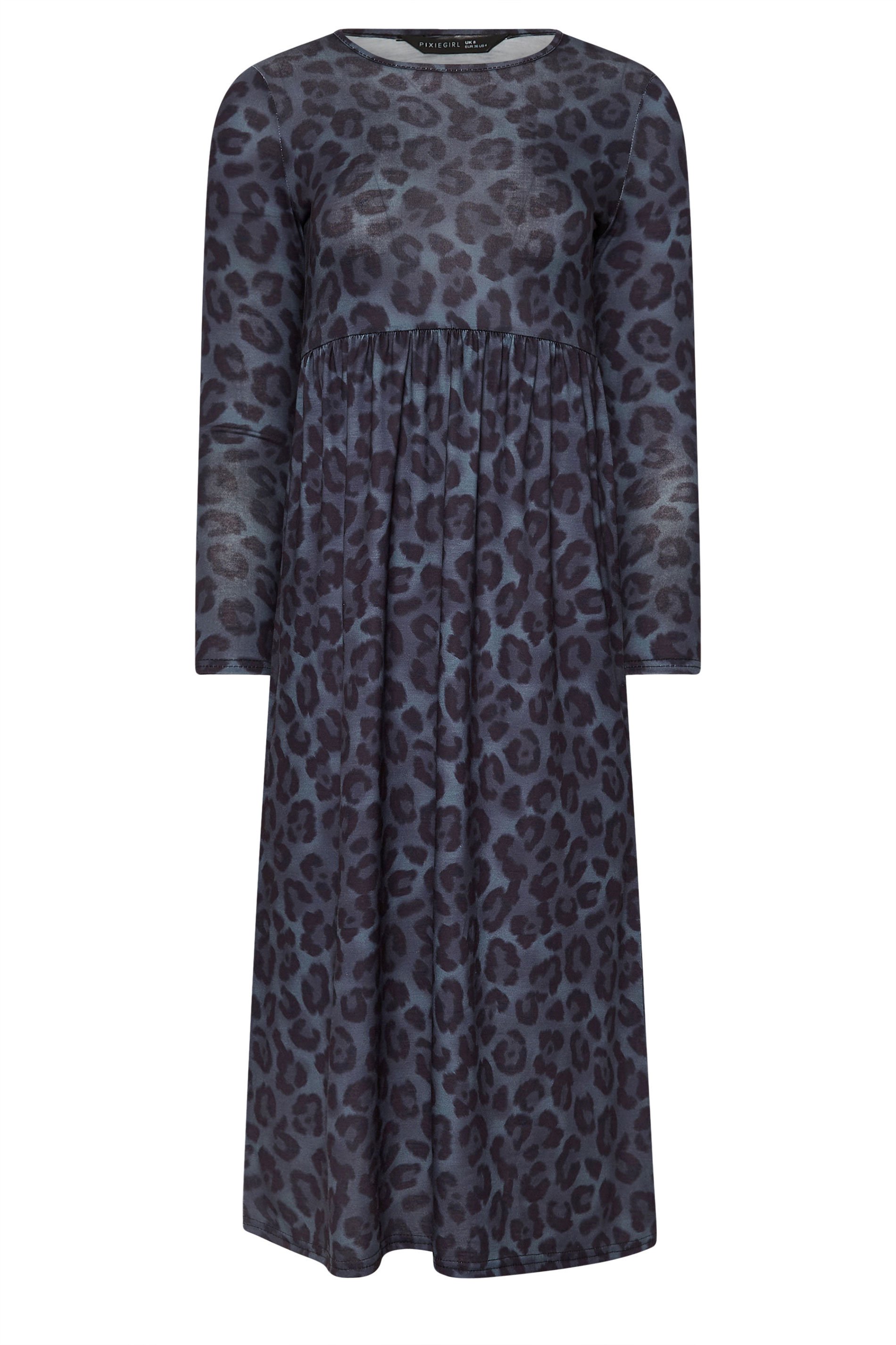 PixieGirl Petite Women's Navy Blue Leopard Print Smock Dress | PixieGirl 5