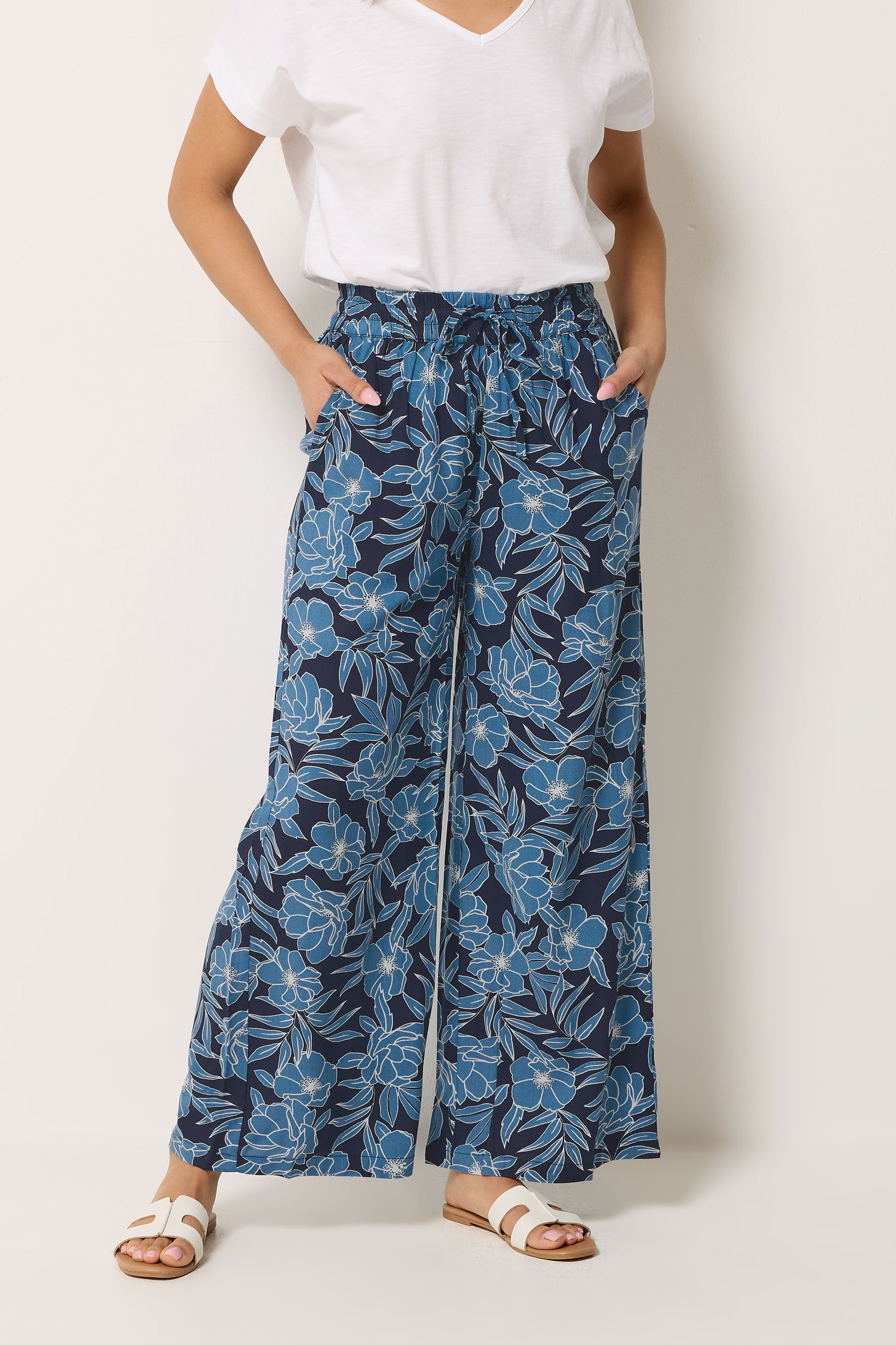 M&Co Navy Blue Floral Print Wide Leg Trousers | M&Co 1