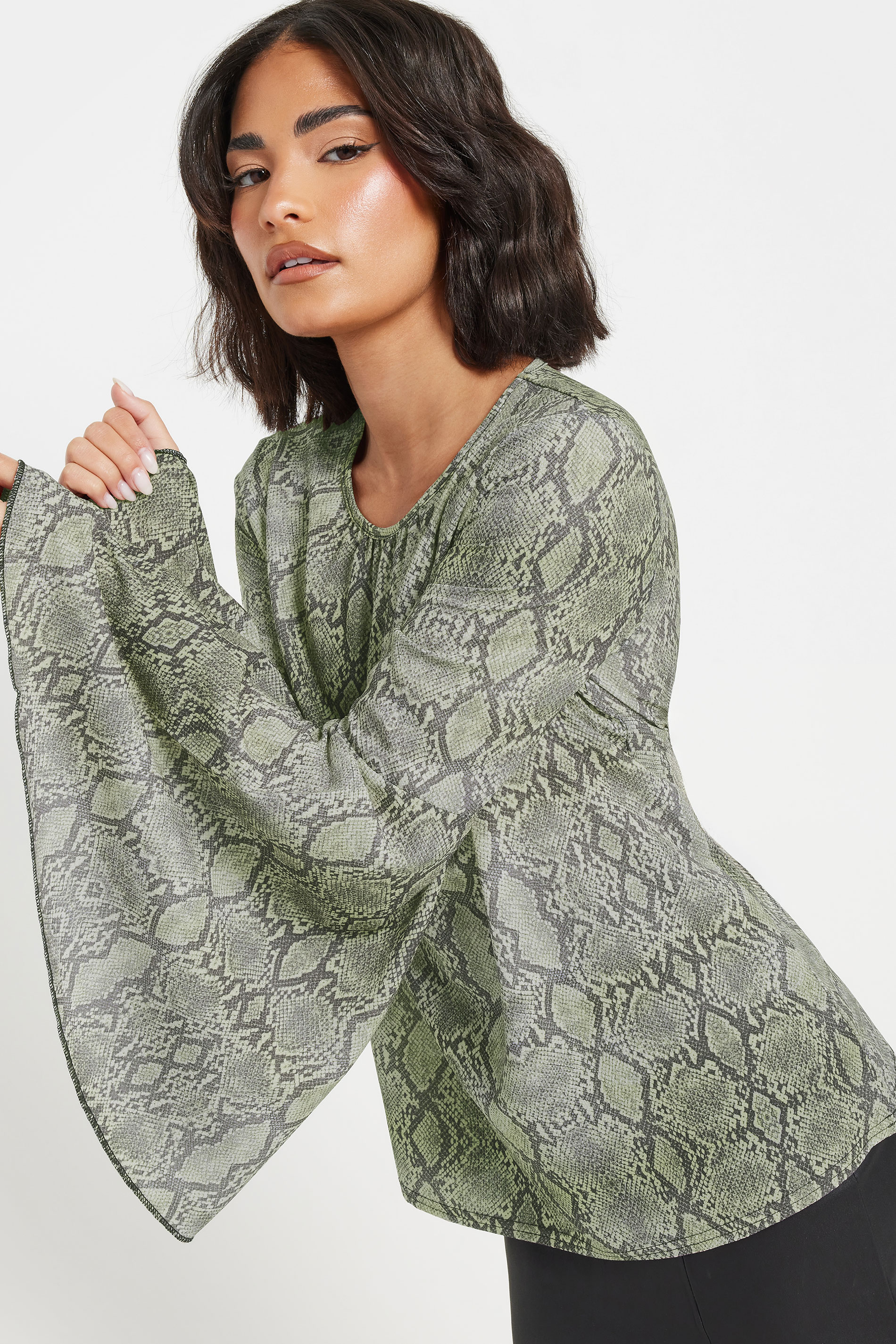 PixieGirl Petite Women's Grey Woven Snake Print Bell Sleeve Top | PixieGirl 4