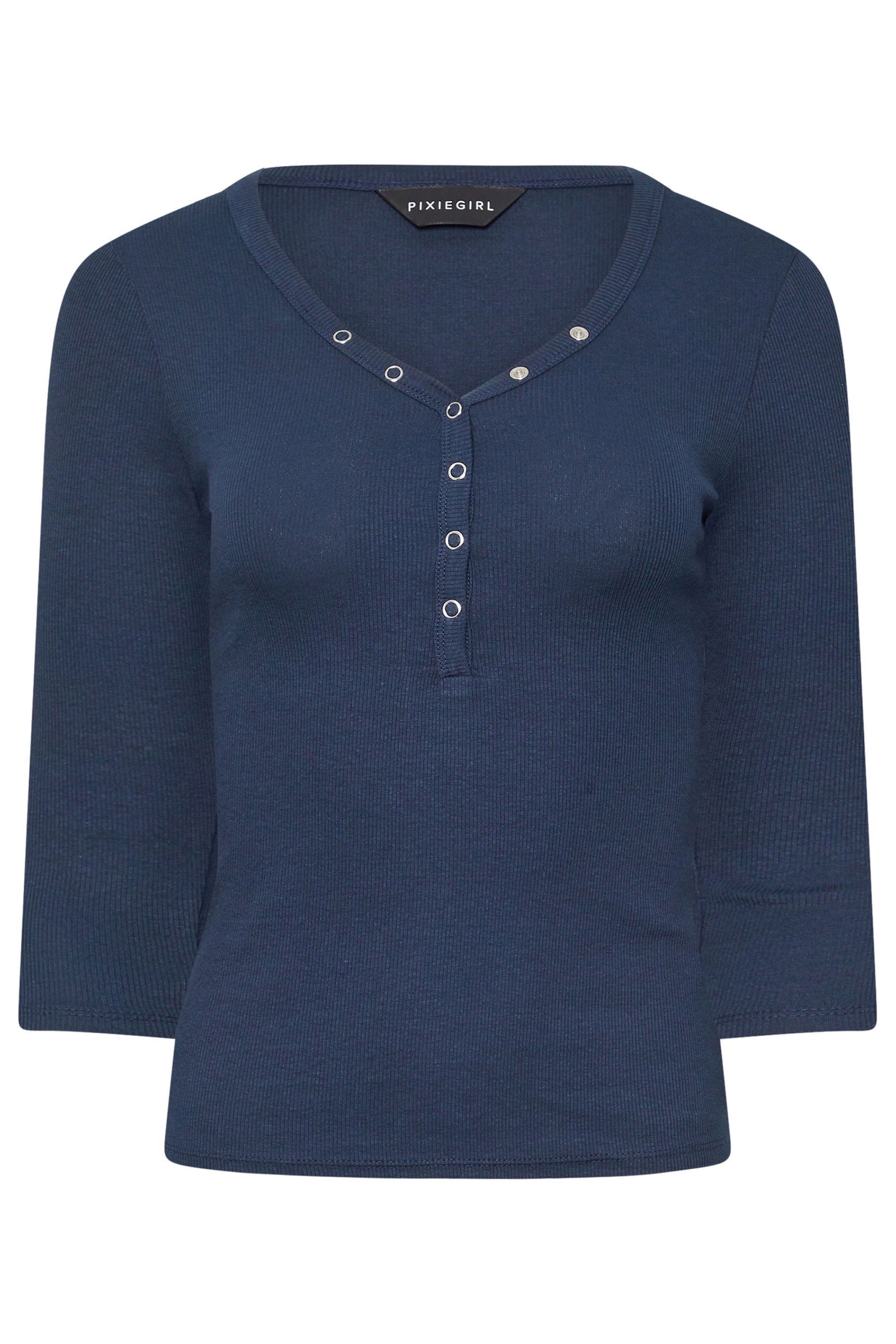 PixieGirl Petite Women's Navy Blue Button Henley Top | PixieGirl 5