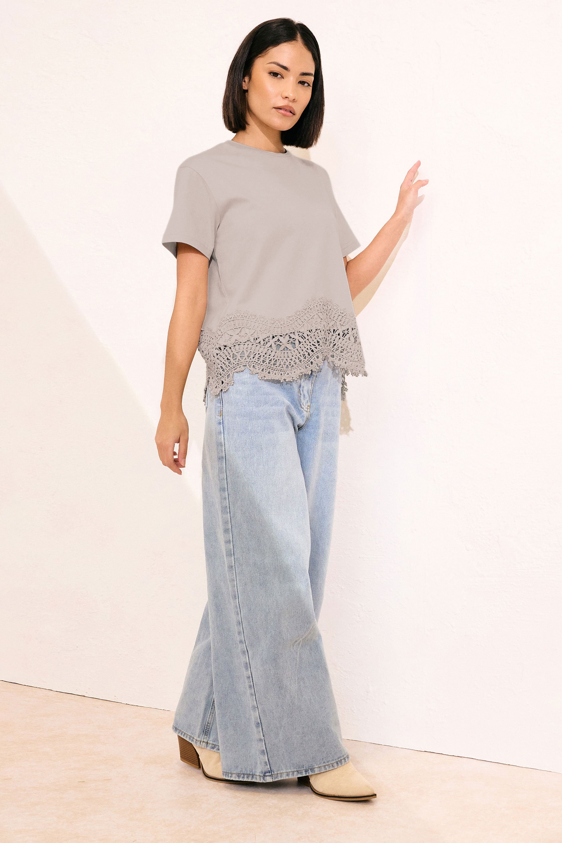 PixieGirl Petite Women's Stone Brown Crochet Hemline T-Shirt | PixieGirl 3