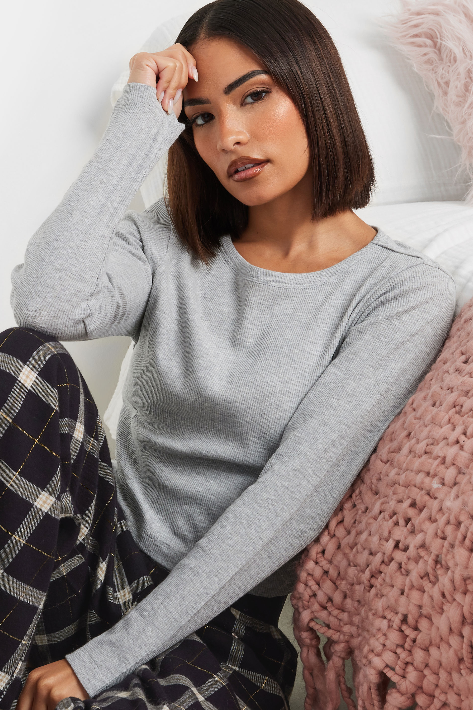 PixieGirl Petite Women's Grey Marl Ribbed Pyjama Top | PixieGirl 4