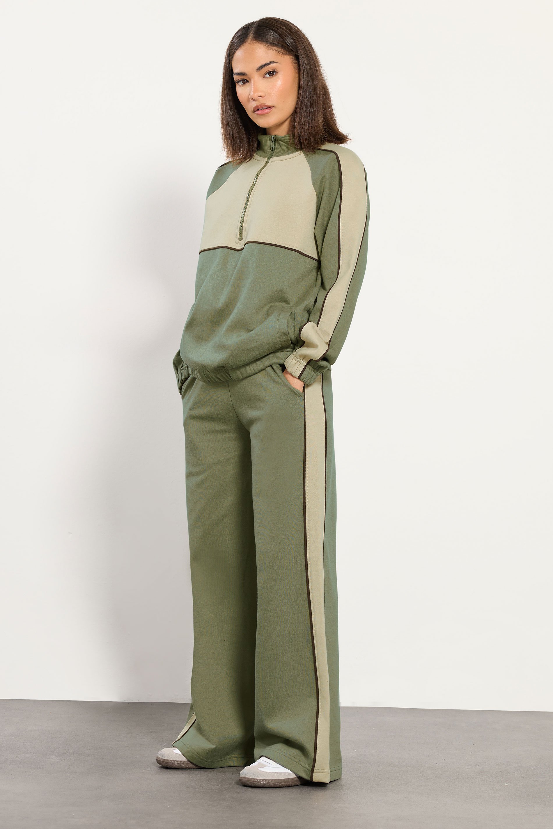 PixieGirl Petite Women's Green Colour Block Wide Leg Joggers | PixieGirl 1