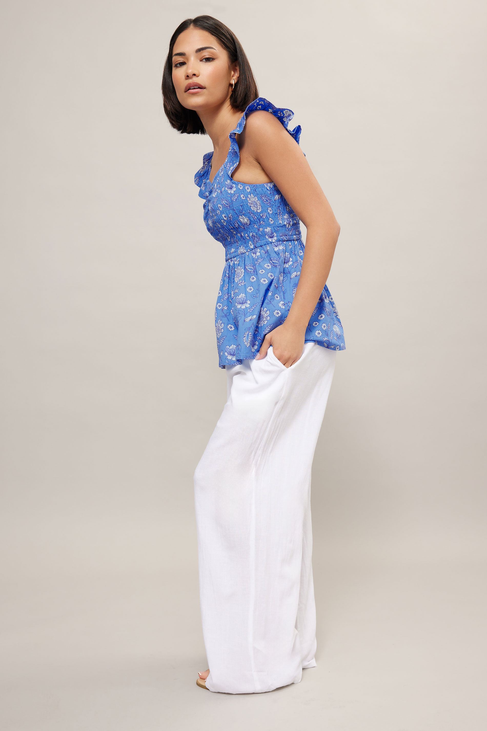 PixieGirl Petite Women's Blue Floral Frill Sleeve Smock Top | PixieGirl 2