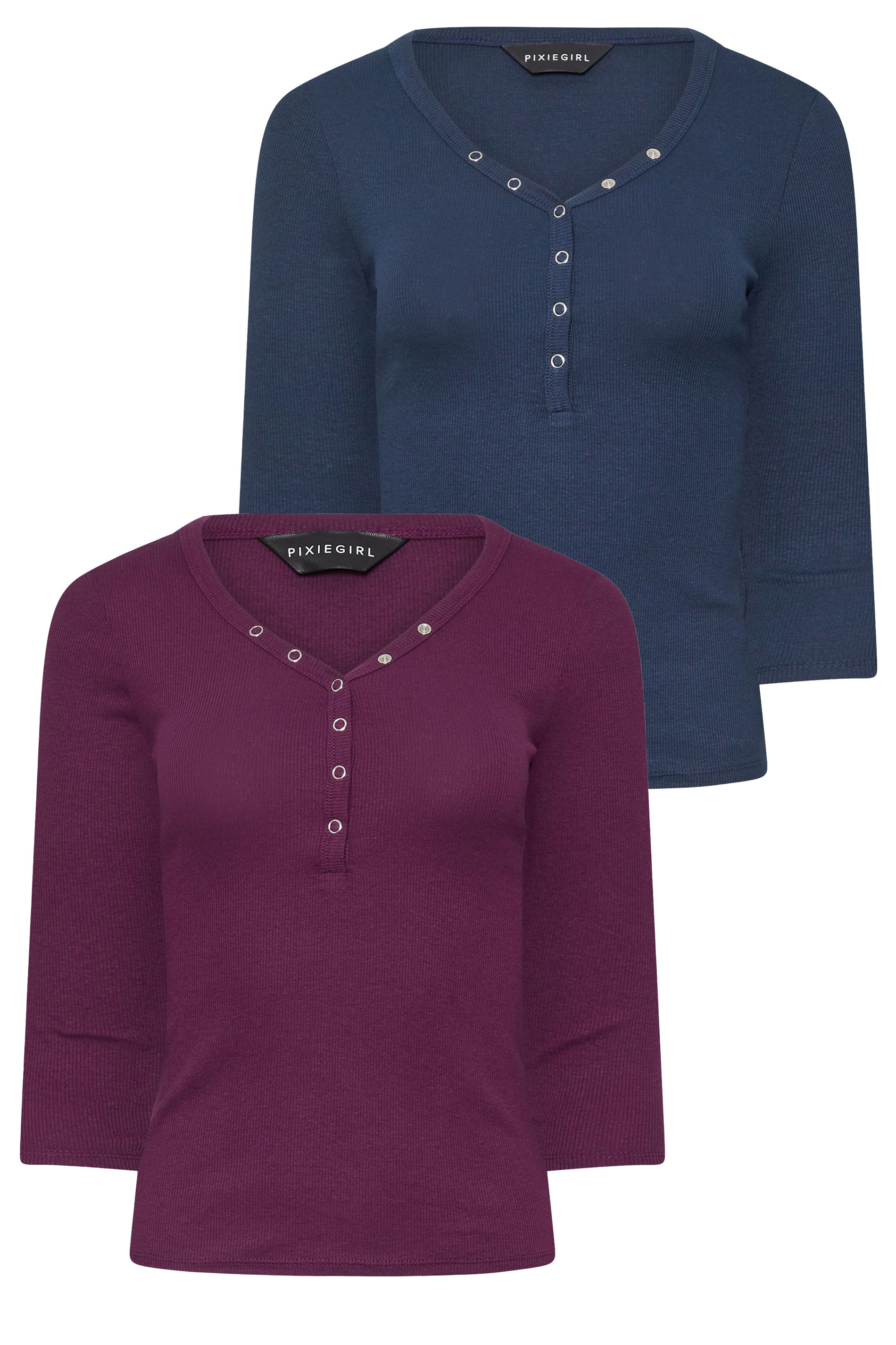 PixieGirl Petite Women's 2 PACK Navy Blue & Burgundy Red Button Henley Tops | PixieGirl 7