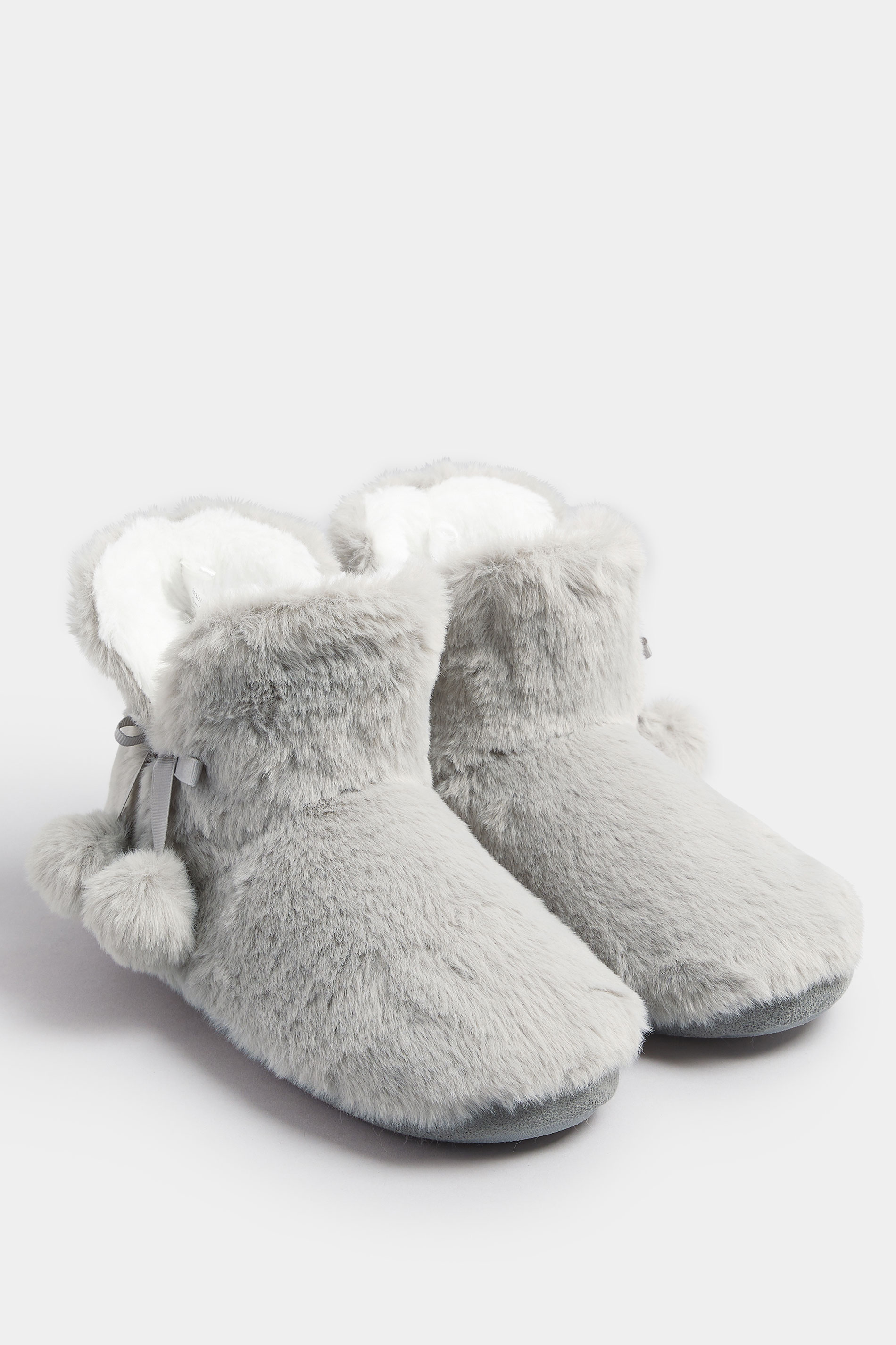 Grey Pom Pom Faux Fur Boot Slippers | Yours Clothing 2