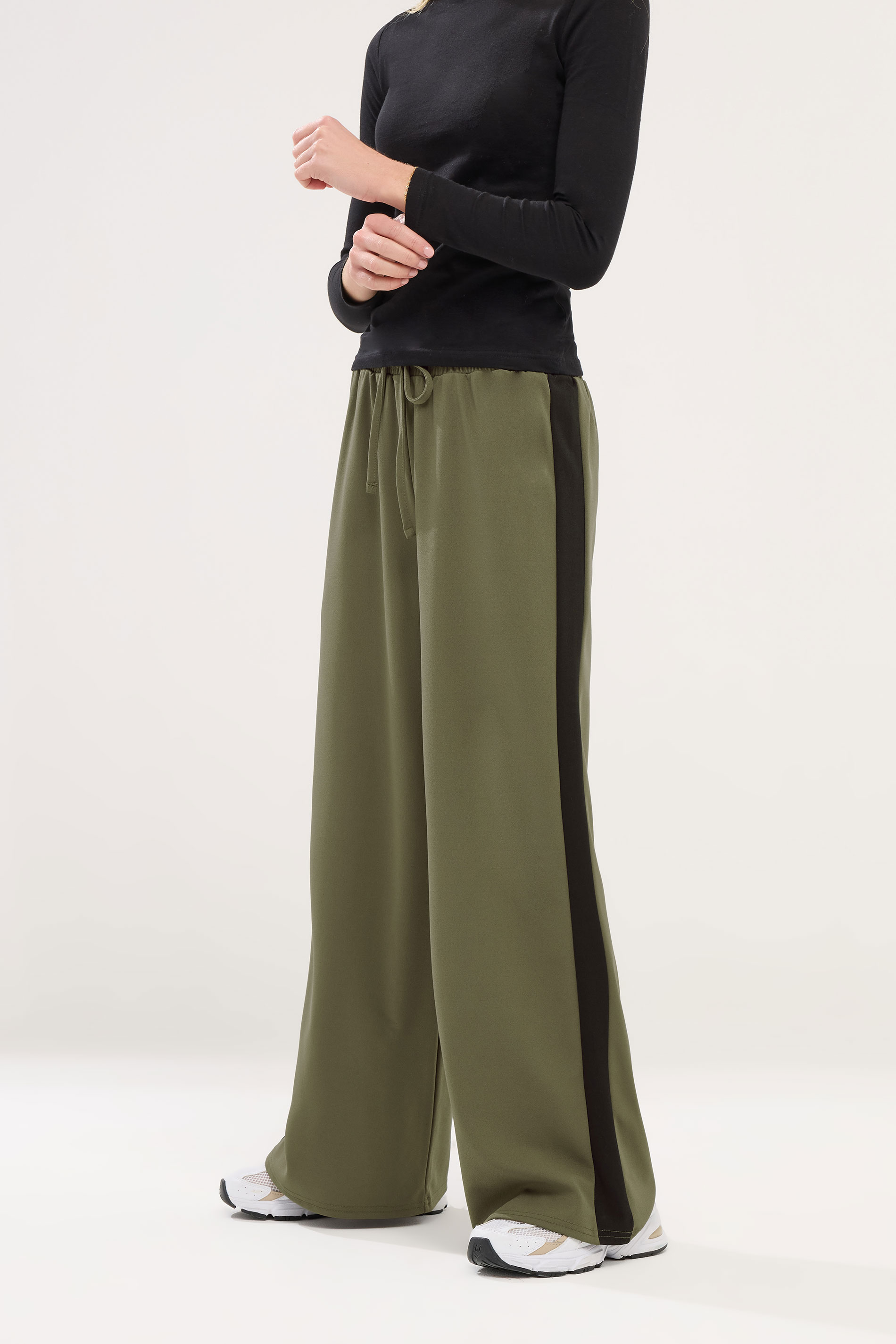 PixieGirl Petite Womens Olive Green Side Stripe Trousers | PixieGirl 2