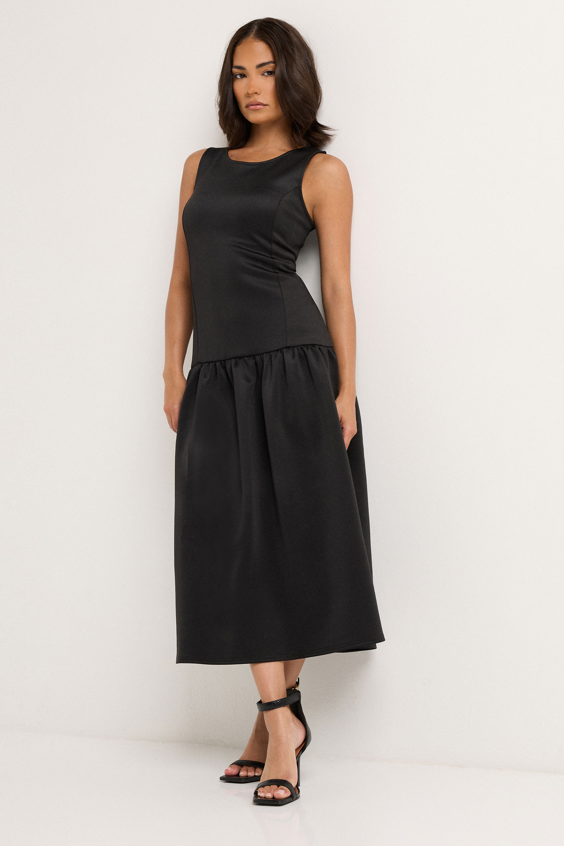 PixieGirl Petite Women's Black Scuba Drop Waist Midi Dress | PixieGirl 2