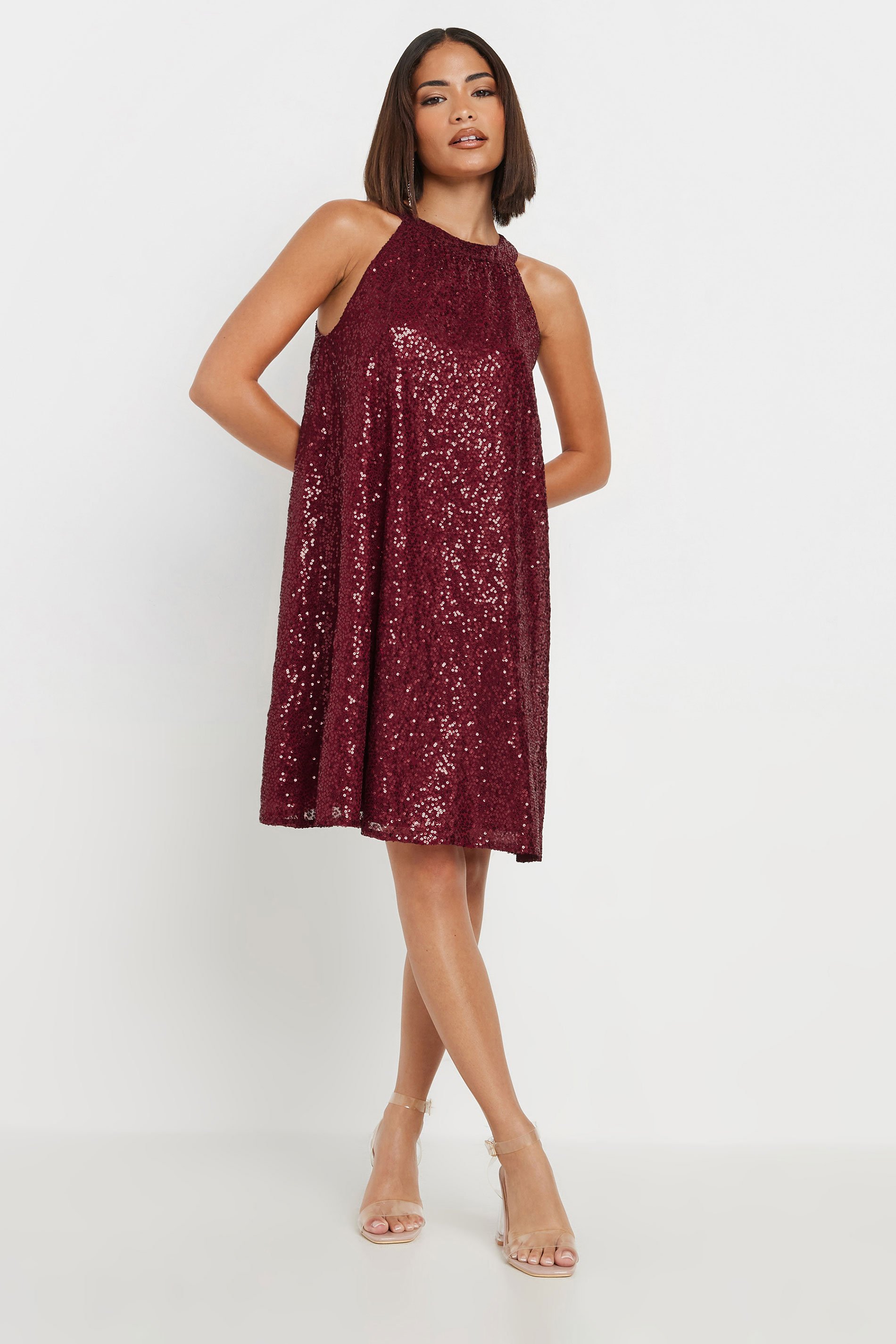 PixieGirl Petite Women's Burgundy Red Sequin Embellished Halter Neck Dress | PixieGirl 4