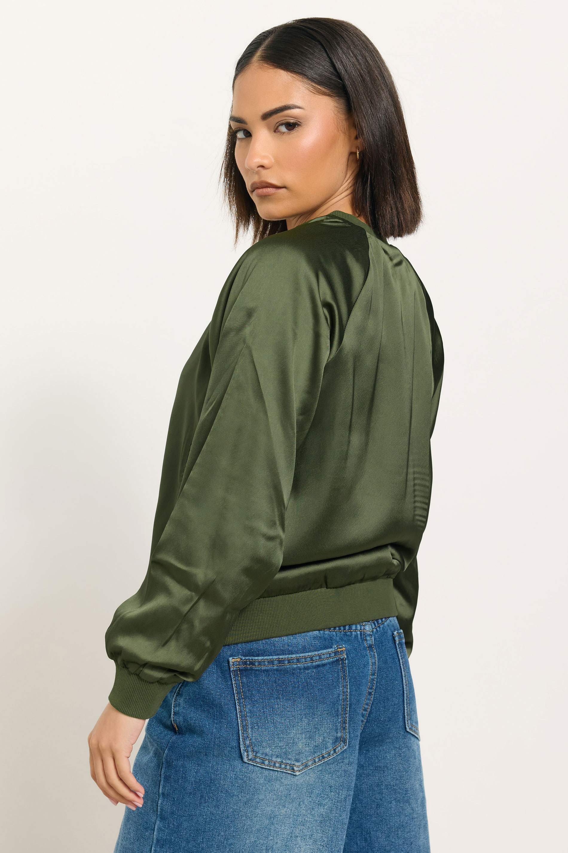 PixieGirl Petite Olive Green Satin Bomber Jacket | PixieGirl  4