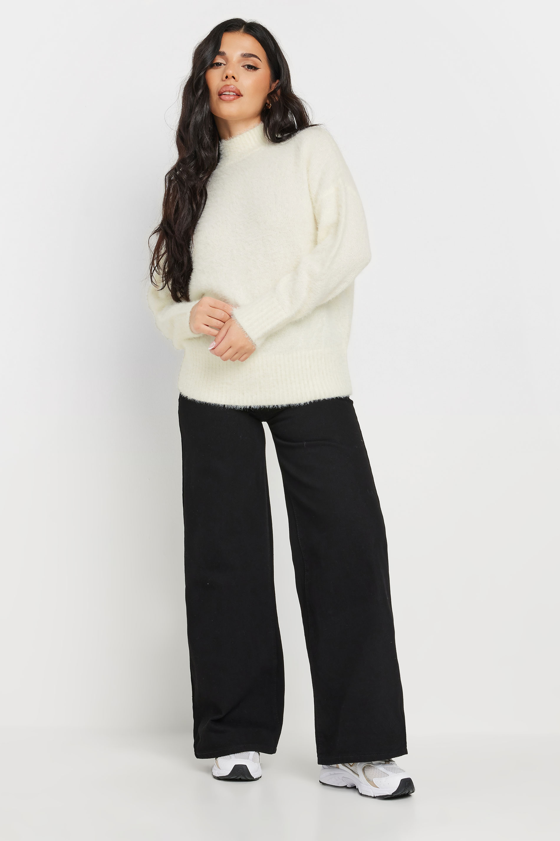 PixieGirl Petite Women's Ivory White Fluffy Knitted High Neck Jumper | PixieGirl 2