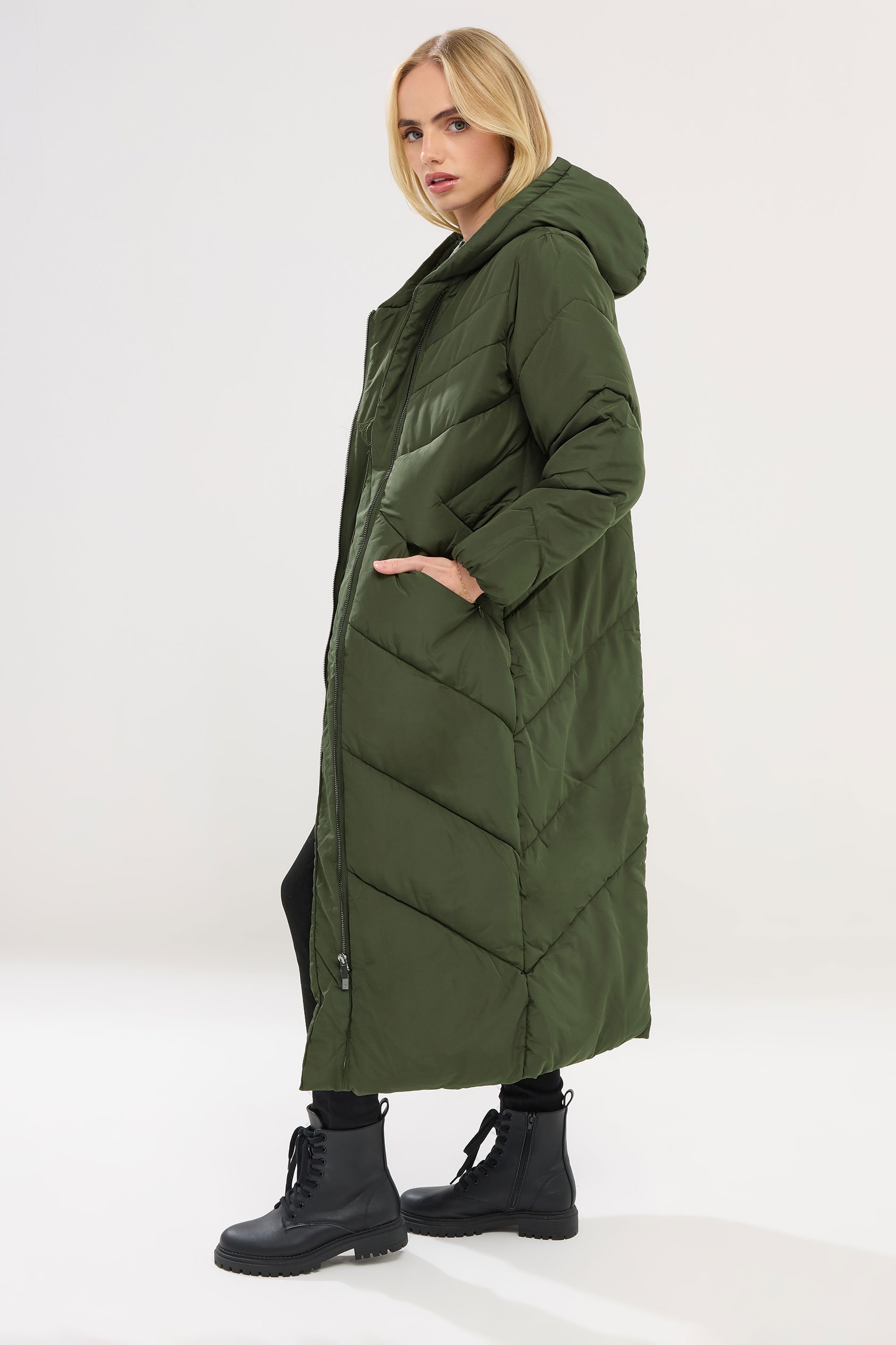 PixieGirl Petite Women's Khaki Green Padded Maxi Puffer Coat | PixieGirl 2