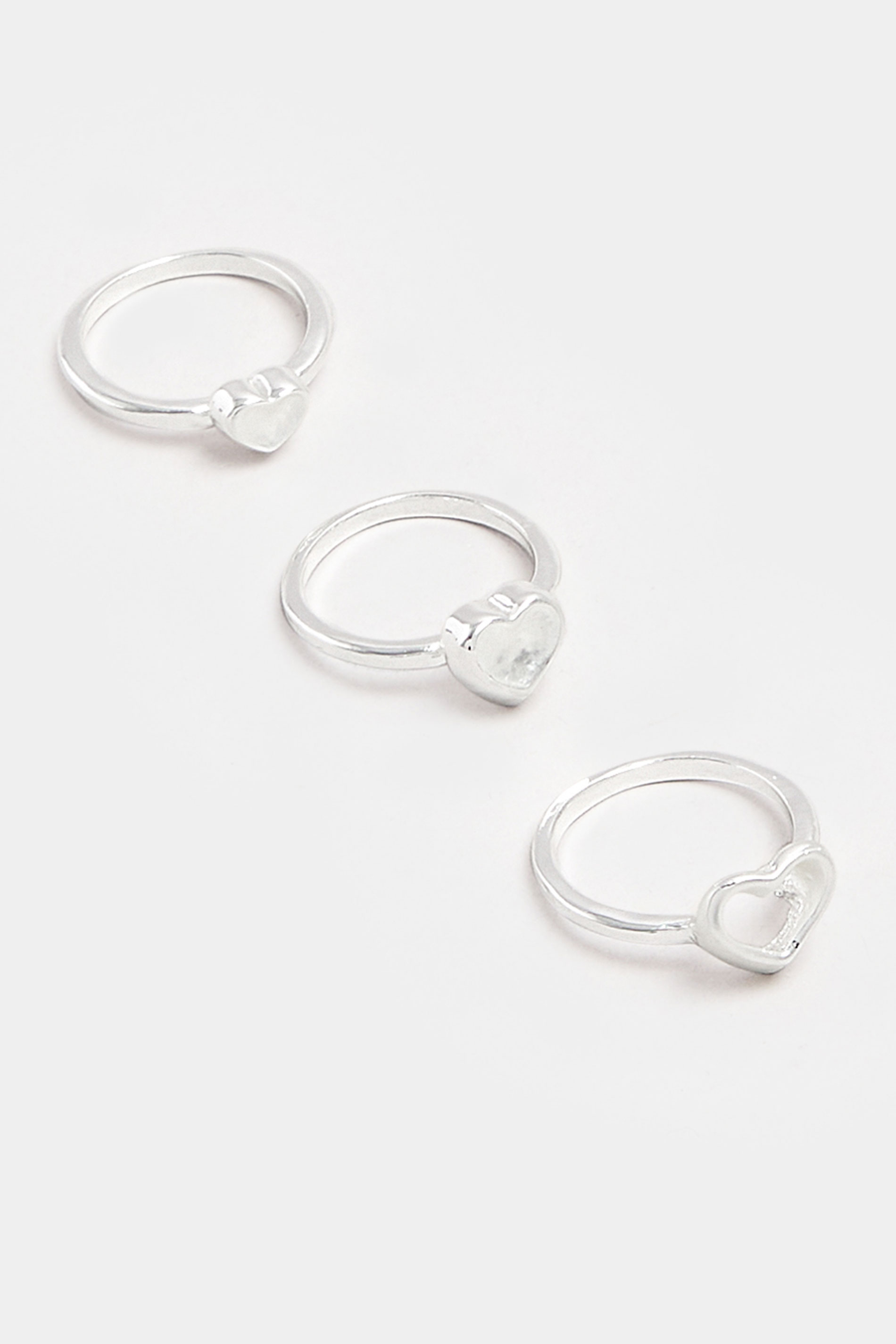 3 PACK Silver Tone Diamante Heart Rings | Yours Clothing 2