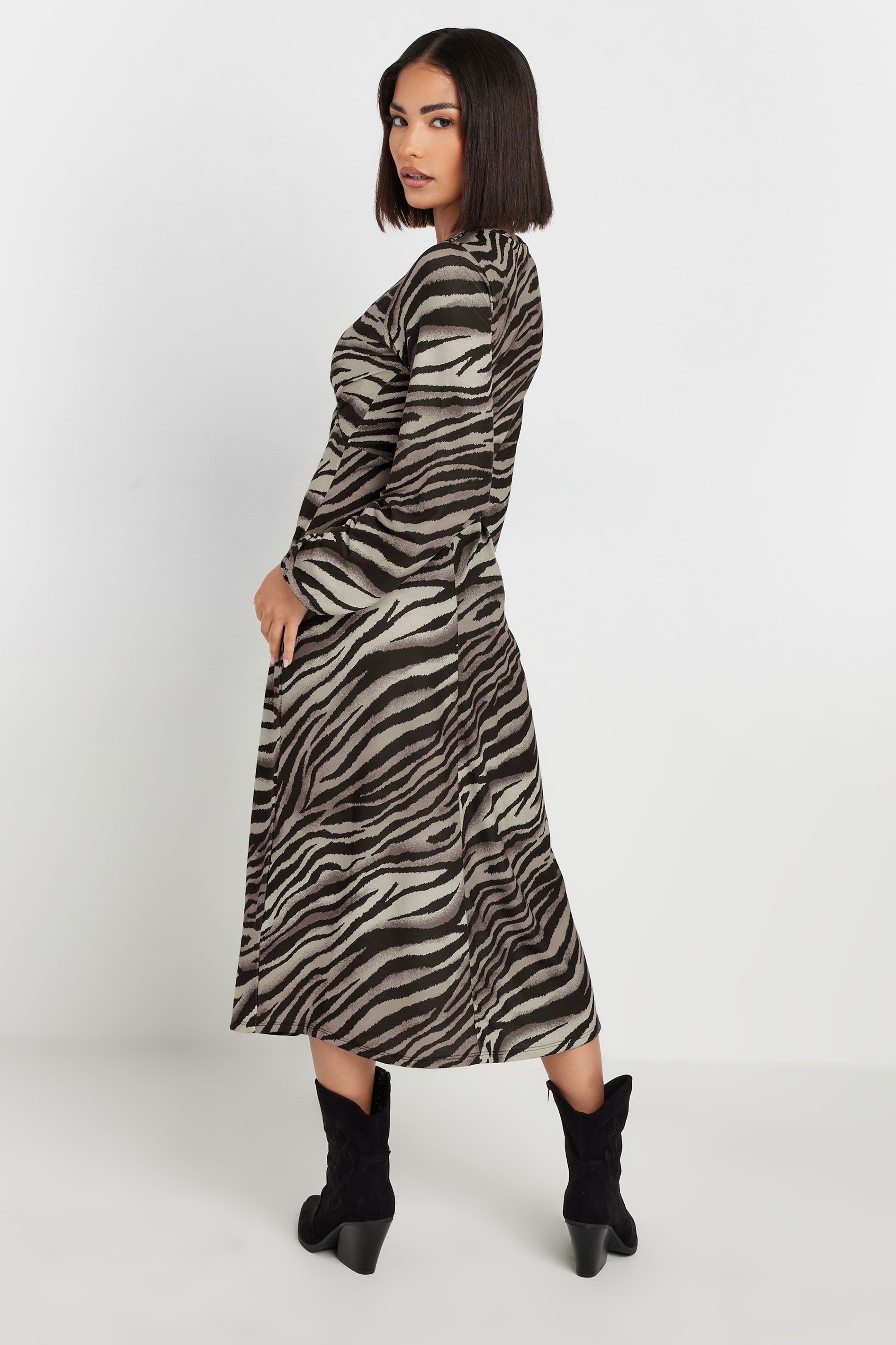 PixieGirl Petite Women's Brown Zebra Print Long Sleeve Midi Dress | PixieGirl 3