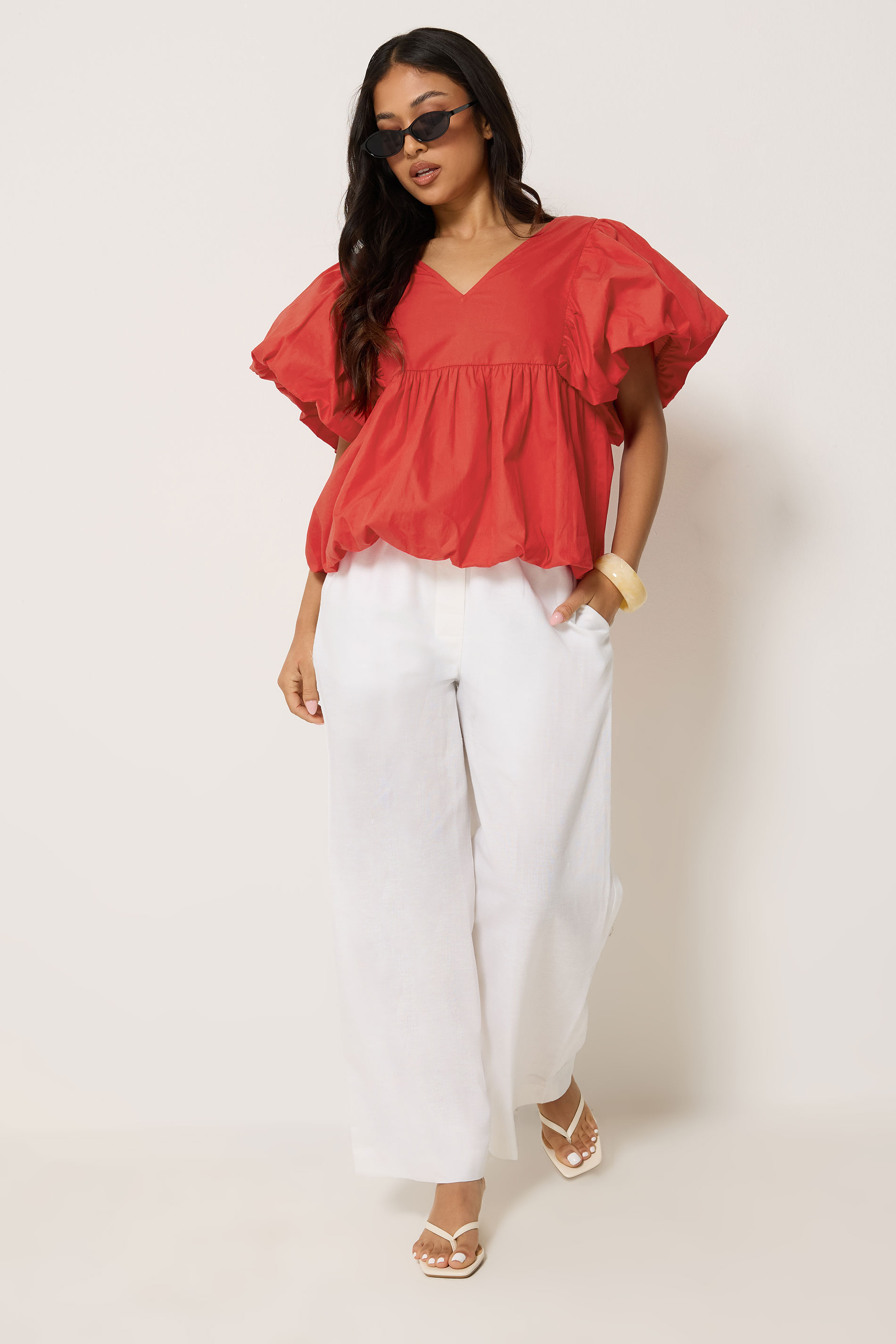 PixieGirl Petite Women's Red Cotton Puff Sleeve Top | PixieGirl 1