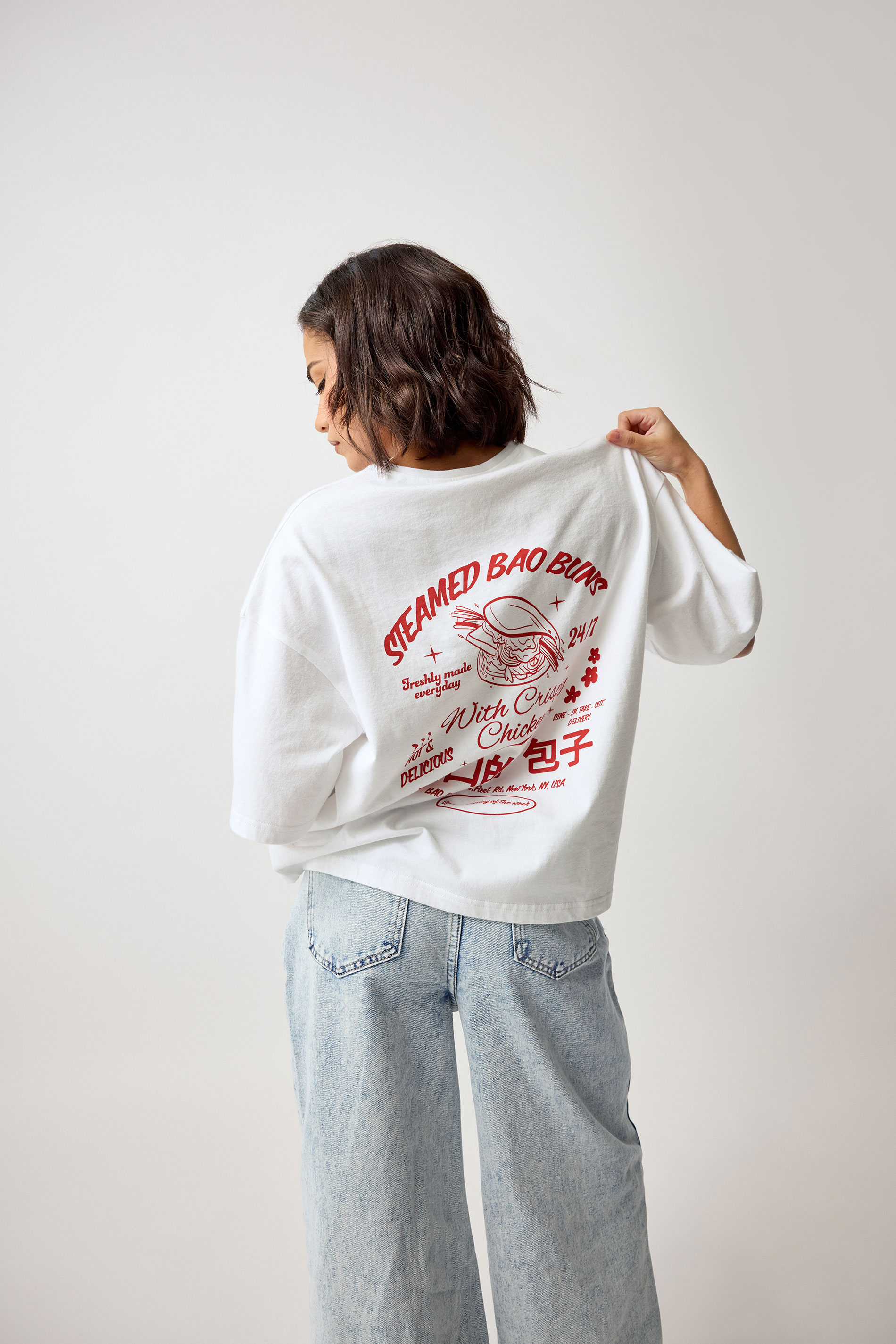 PixieGirl Petite Women's White Bao Buns Back Graphic T-Shirt | PixieGirl 1