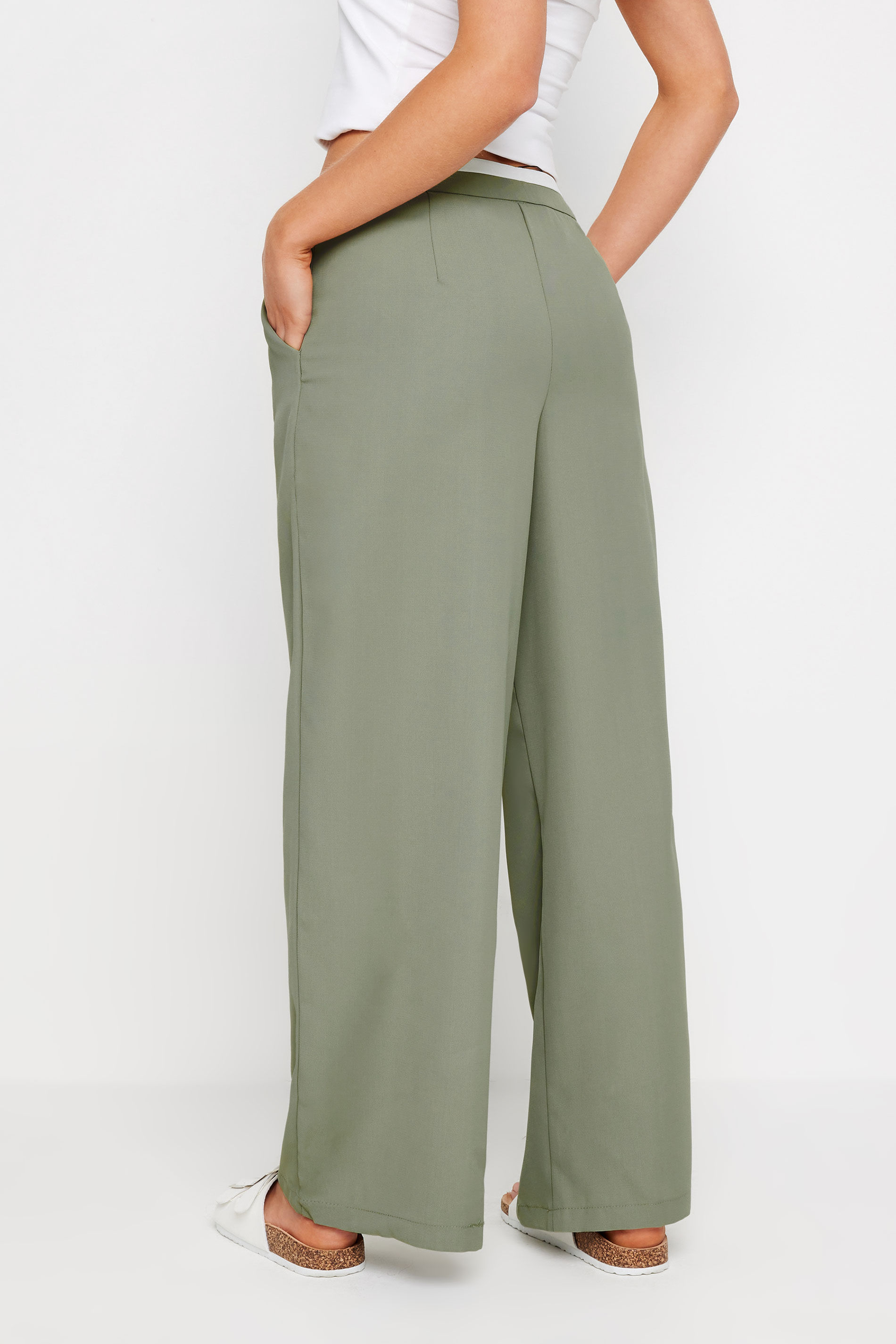 PixieGirl Petite Womens Sage Green Contrast Waist Wide Leg Trousers | PixieGirl 3
