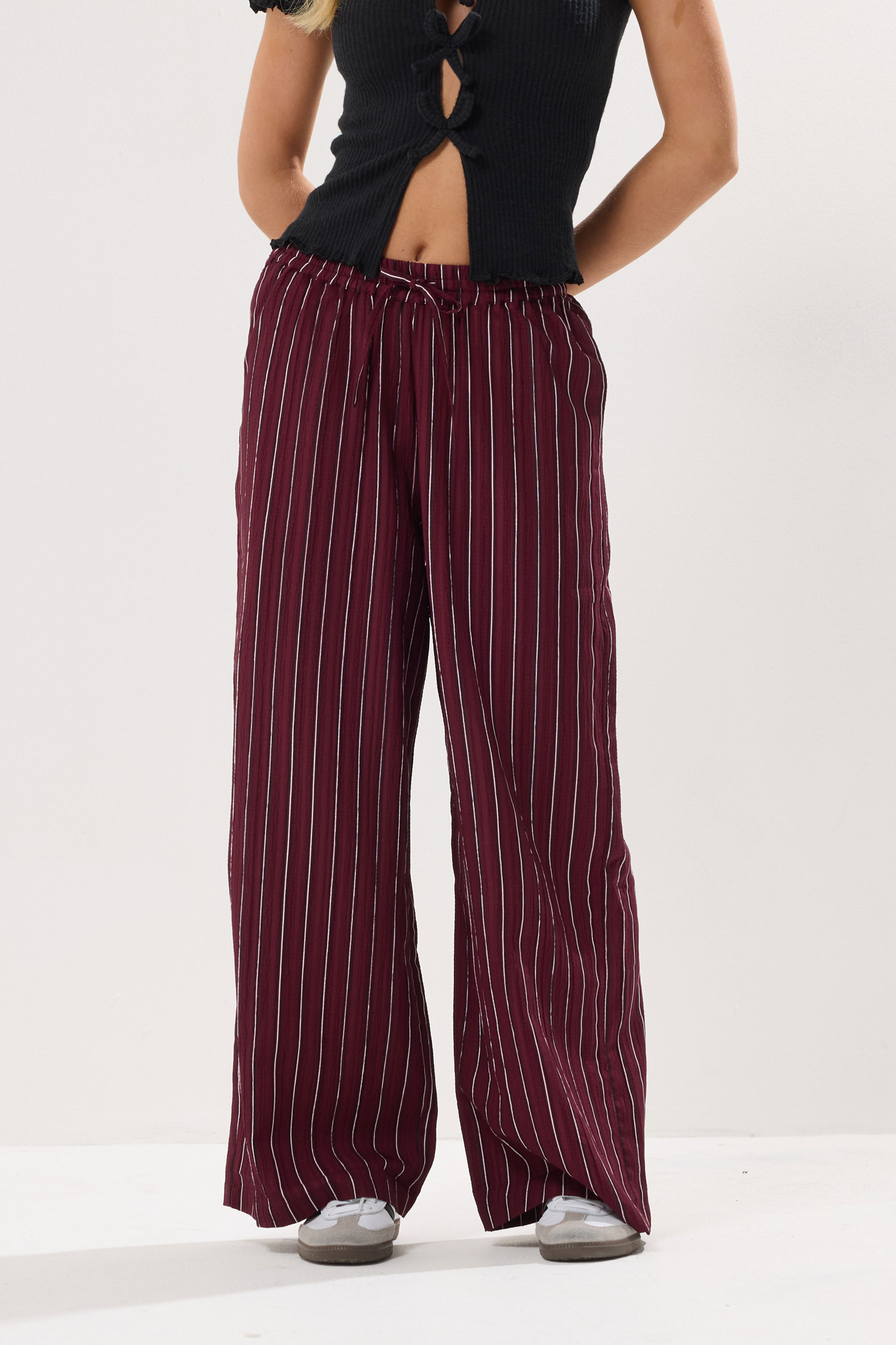 PixieGirl Petite Women's Burgundy Red Striped Tie Waist Trousers | PixieGirl 2