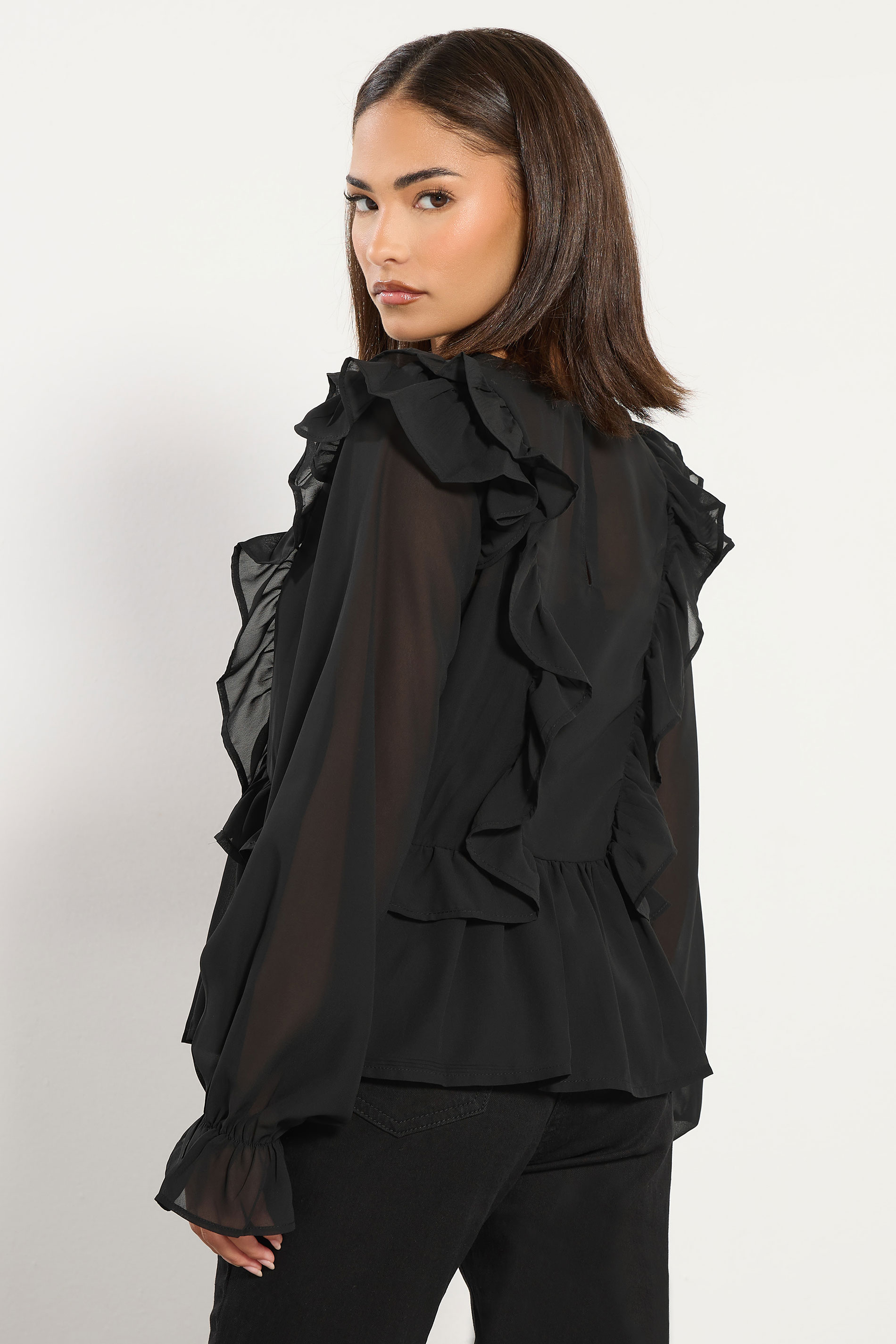 PixieGirl Petite Women's Black Frill Shoulder Chiffon Blouse