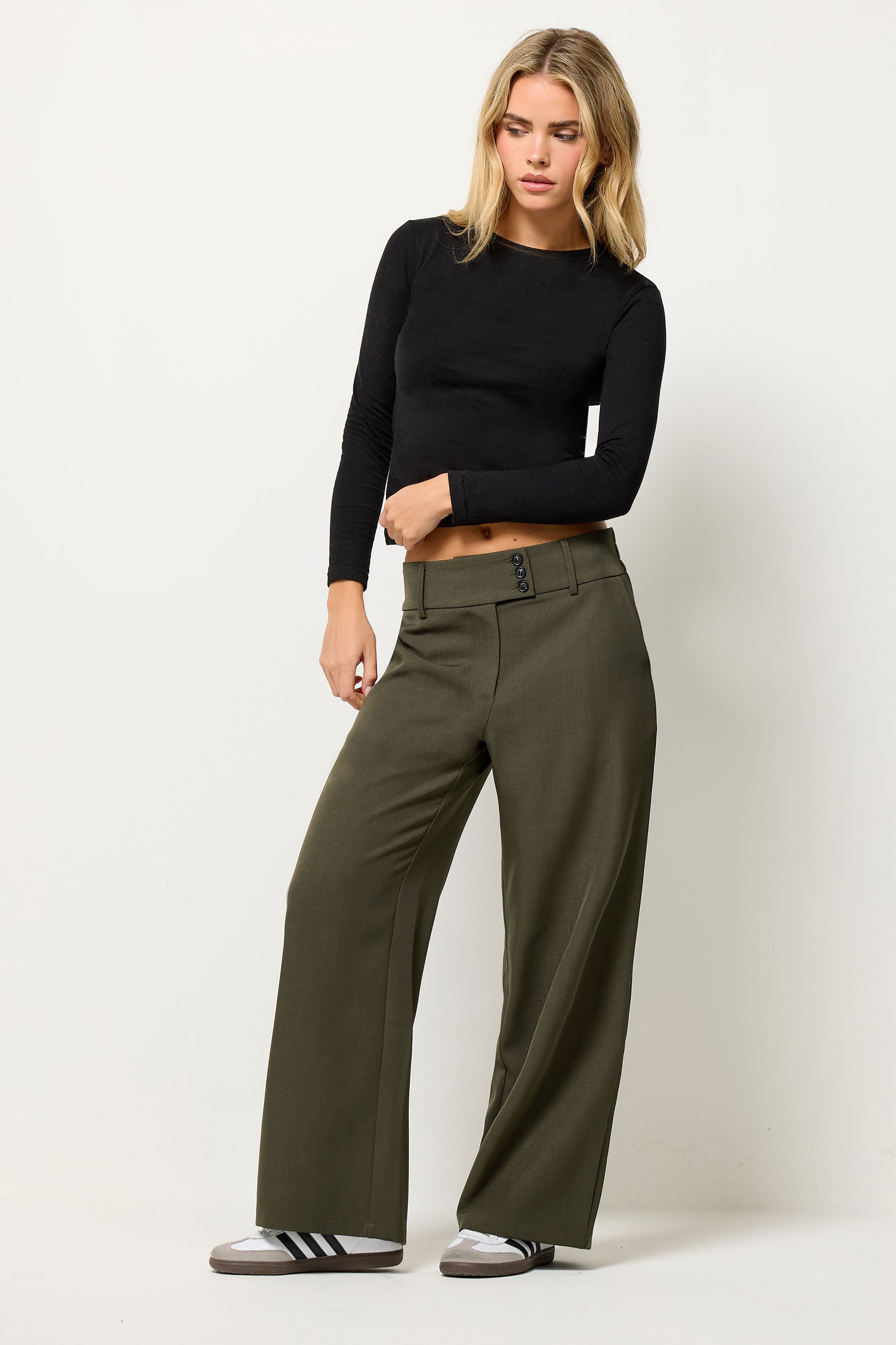 PixieGirl Petite Women's Olive Green Button Tab Detail Wide Leg Trousers | PixieGirl 1
