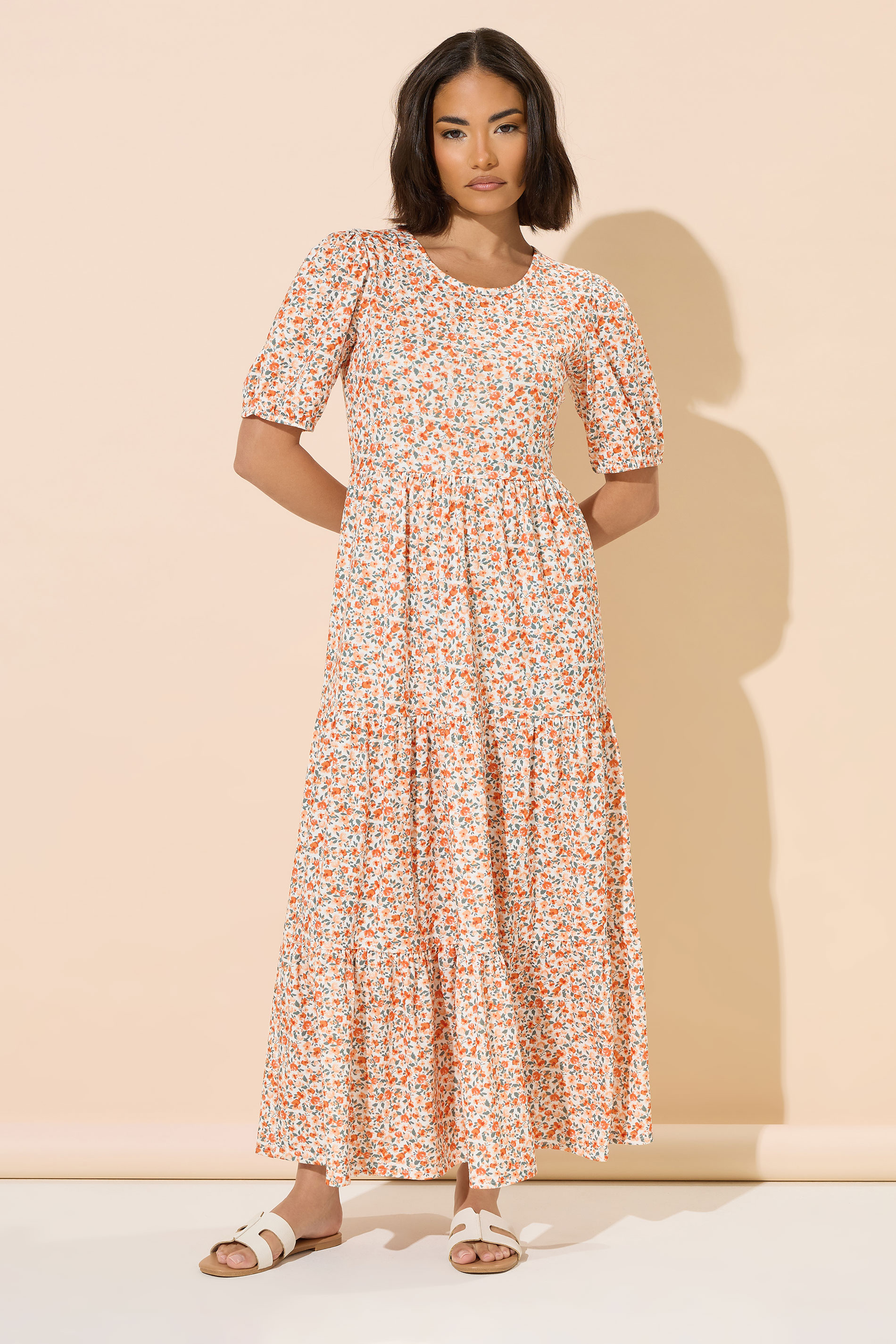 PixieGirl Petite Women's Coral Pink Ditsy Floral Tiered Midaxi Dress | PixieGirl 1