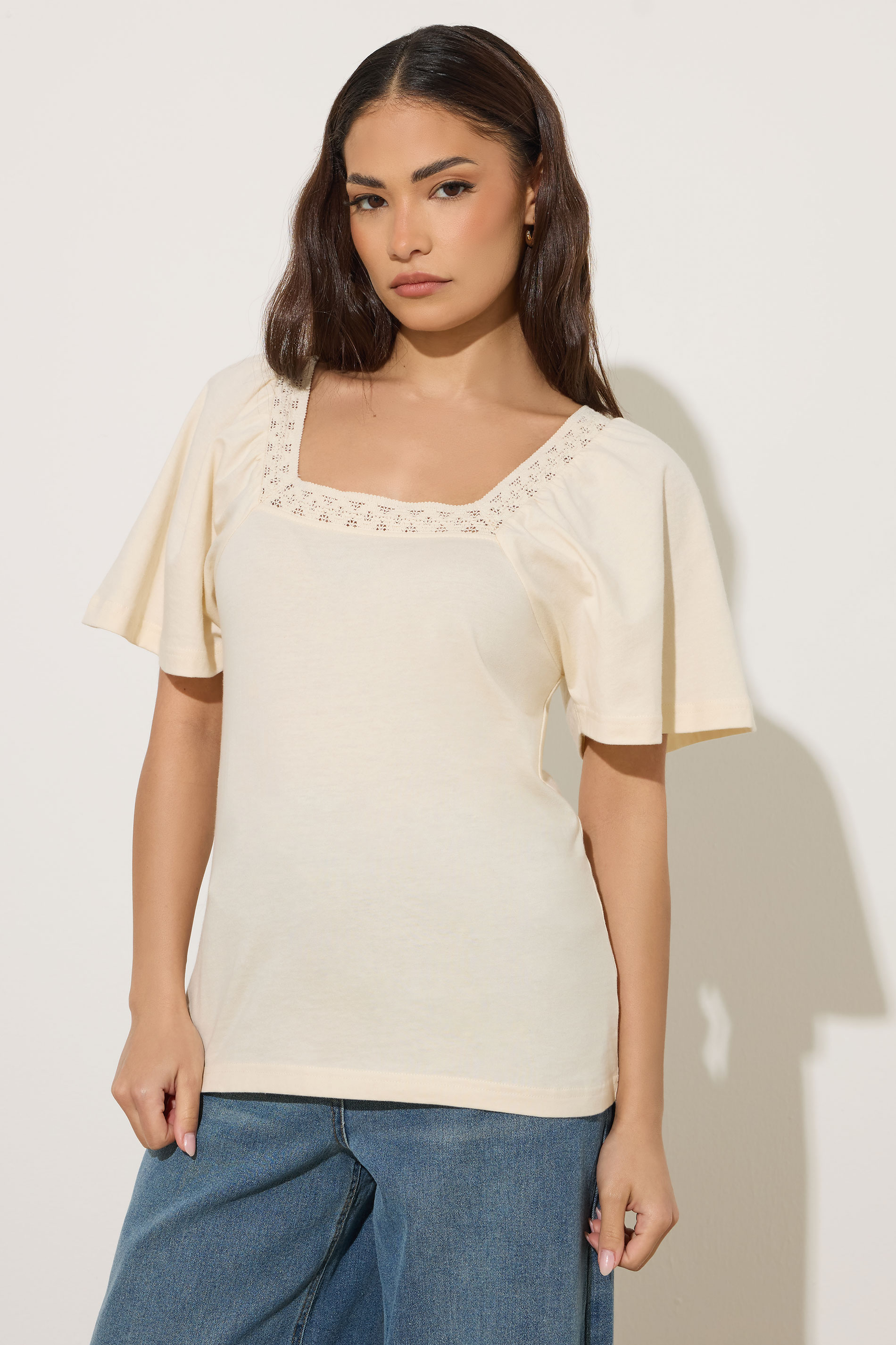 PixieGirl Petite Women's Ivory White Crochet Trim Flutter Sleeve