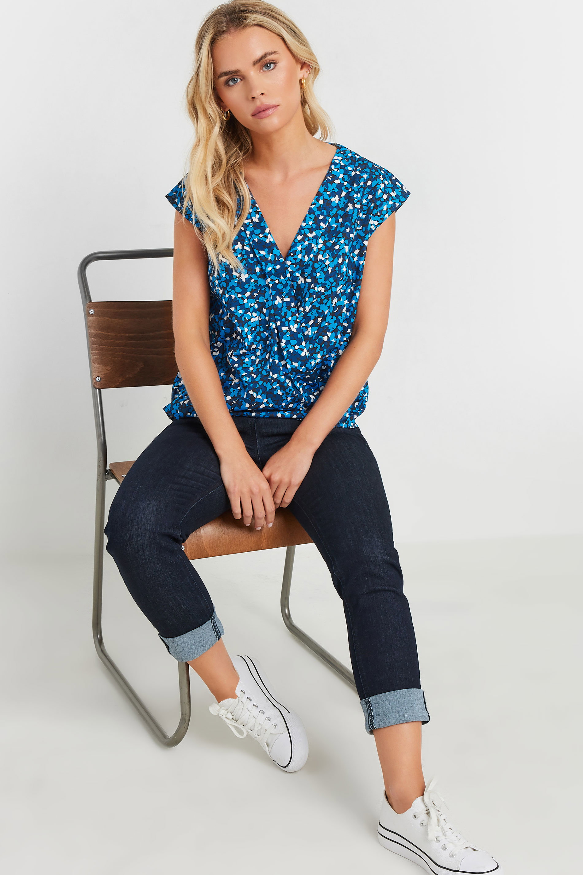 M&Co Petite Blue Spot Print Short Sleeve Wrap Blouse | M&Co 2