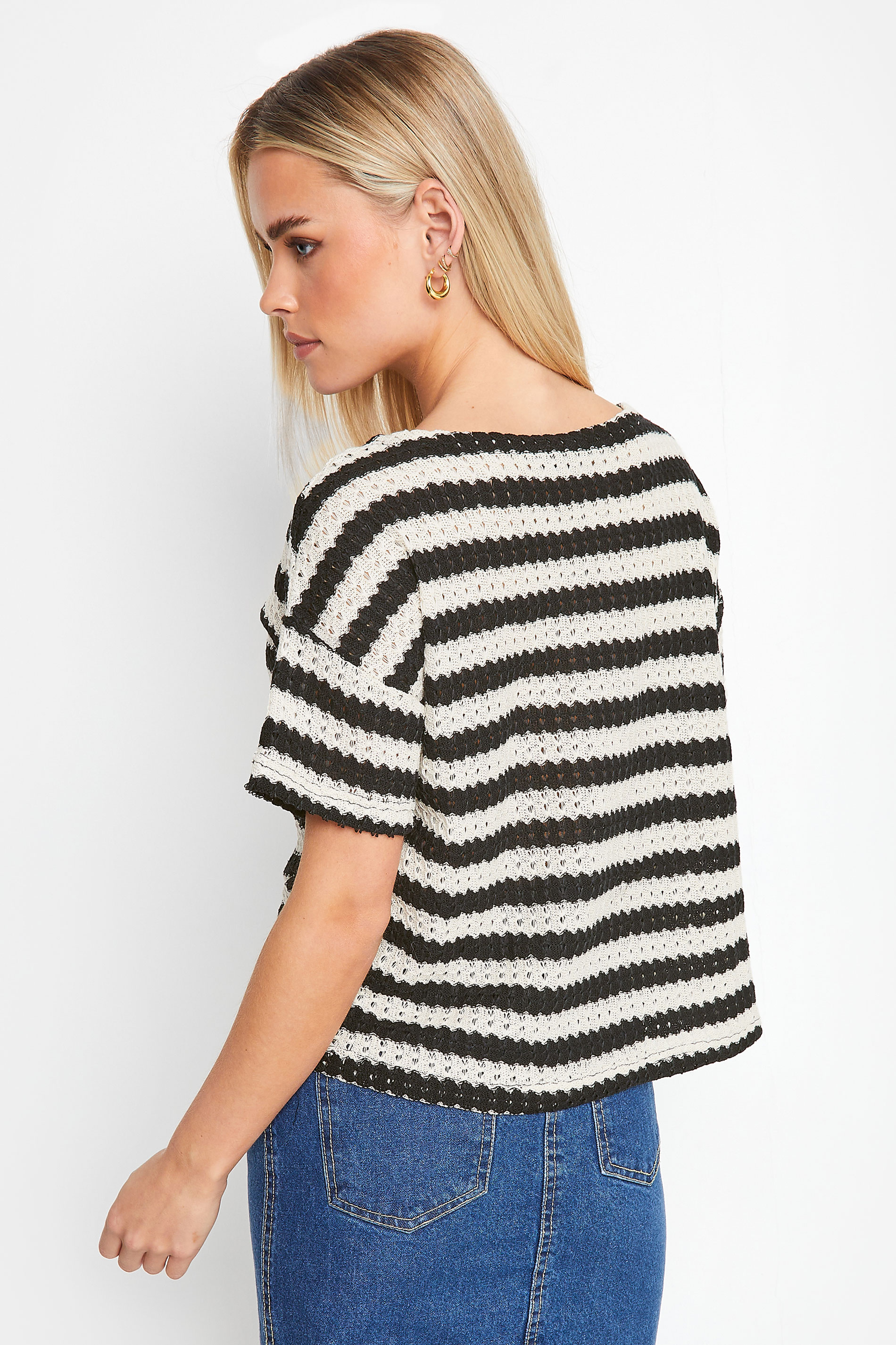 PixieGirl Petite Women's Black & White Stripe Crochet T-Shirt | PixieGirl 3