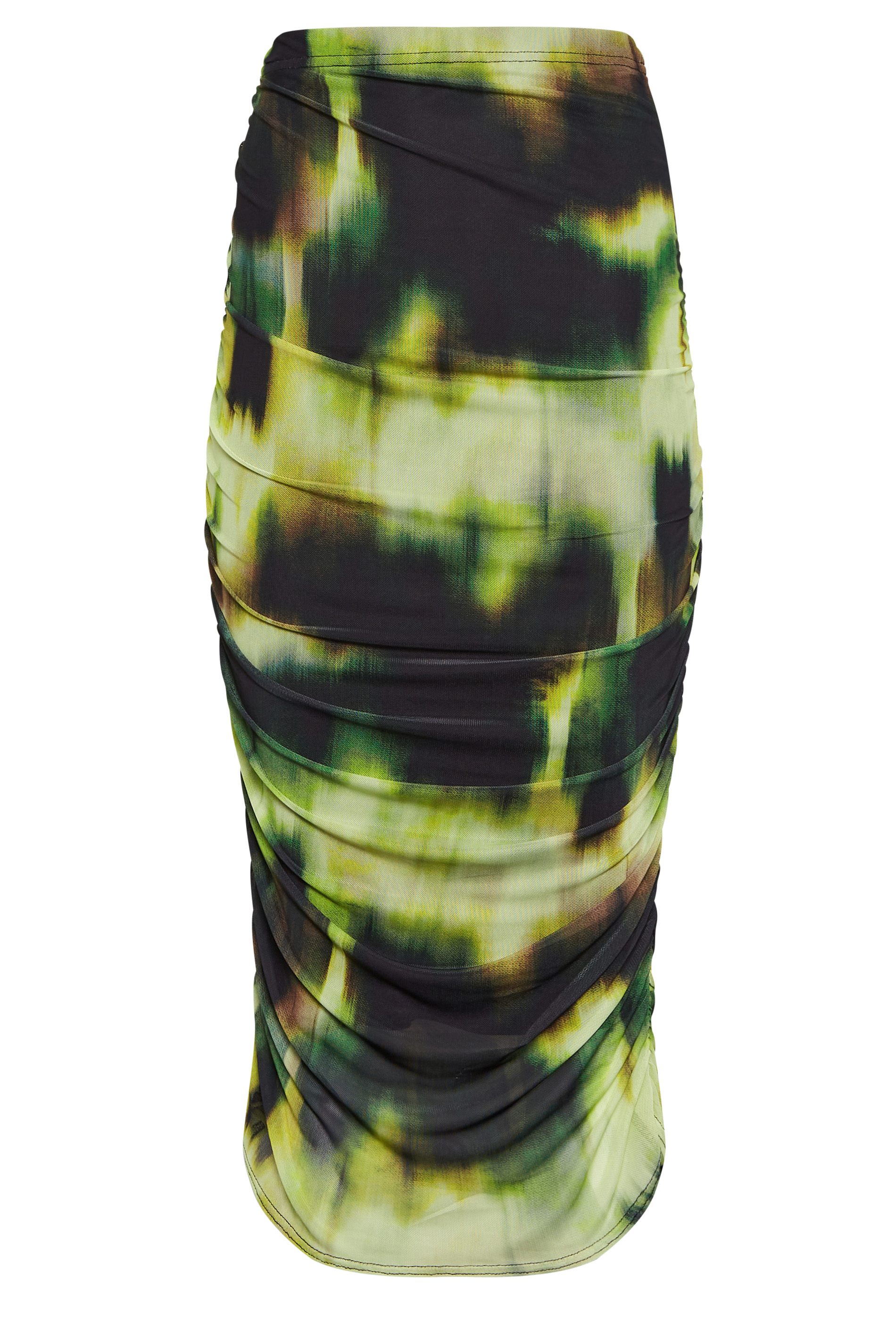 PixieGirl Petite Womens Green Blur Print Mesh Ruched Midi Skirt | PixieGirl 6