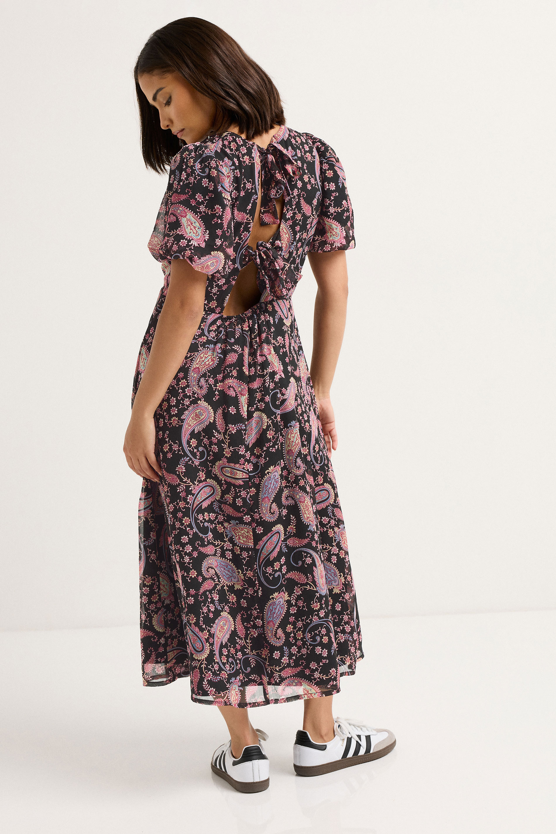 PixieGirl Petite Women's Black Chiffon Paisley Tie Back Dress | PixieGirl 2