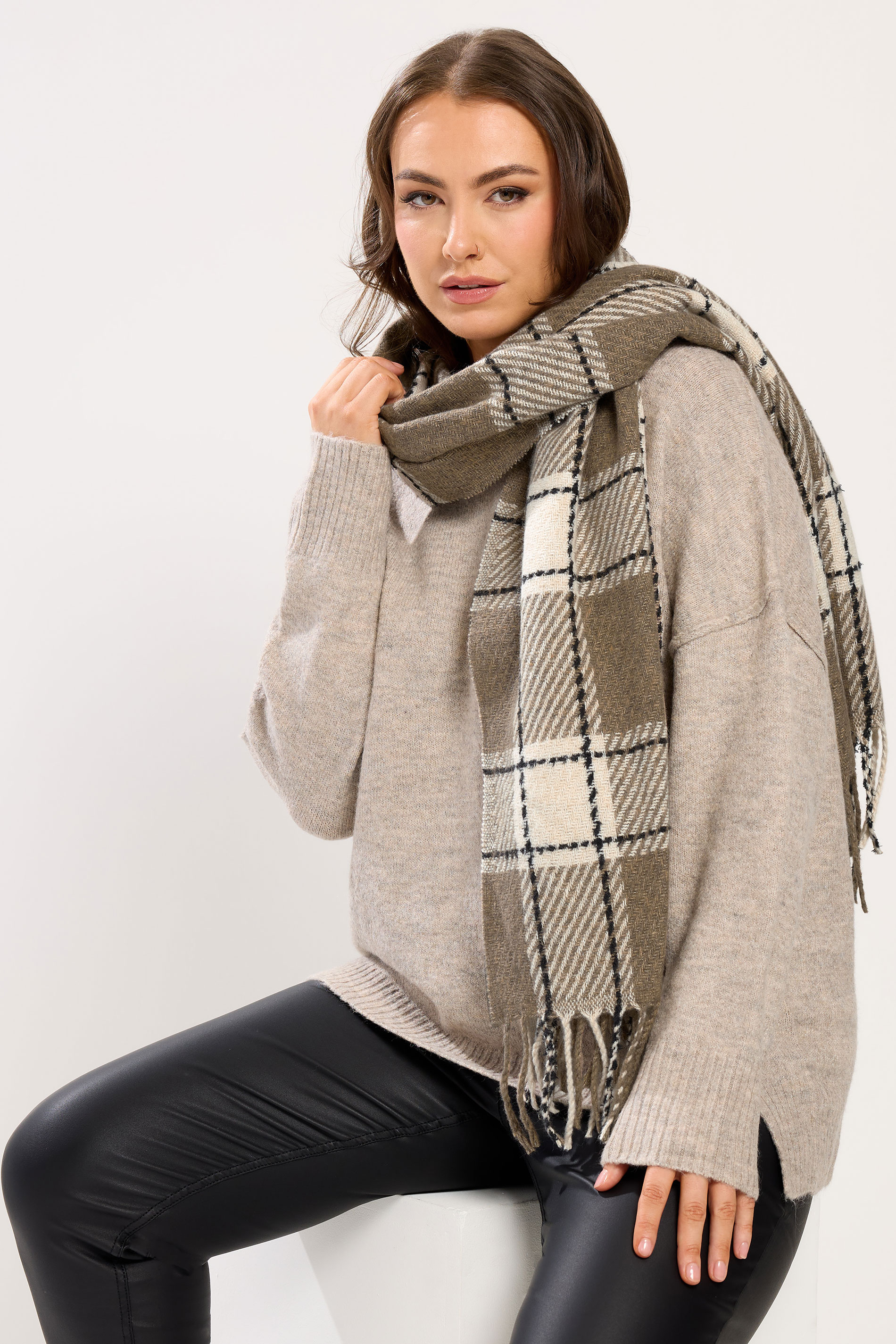 Natural Brown Checked Scarf | Yours Clothing 1