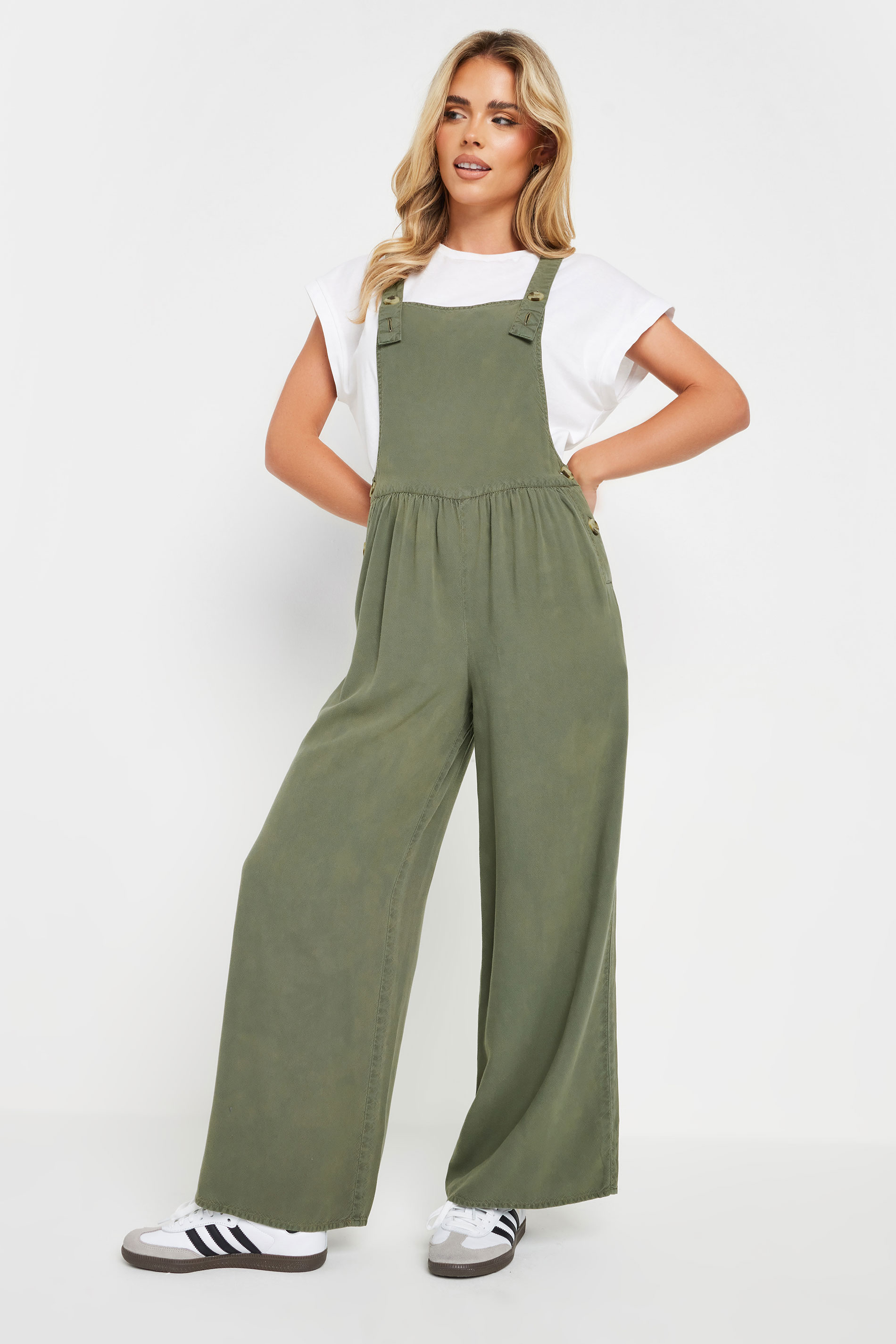 PixieGirl Petite Women's Green Acid Wash Wide Leg Dungarees | PixieGirl 2