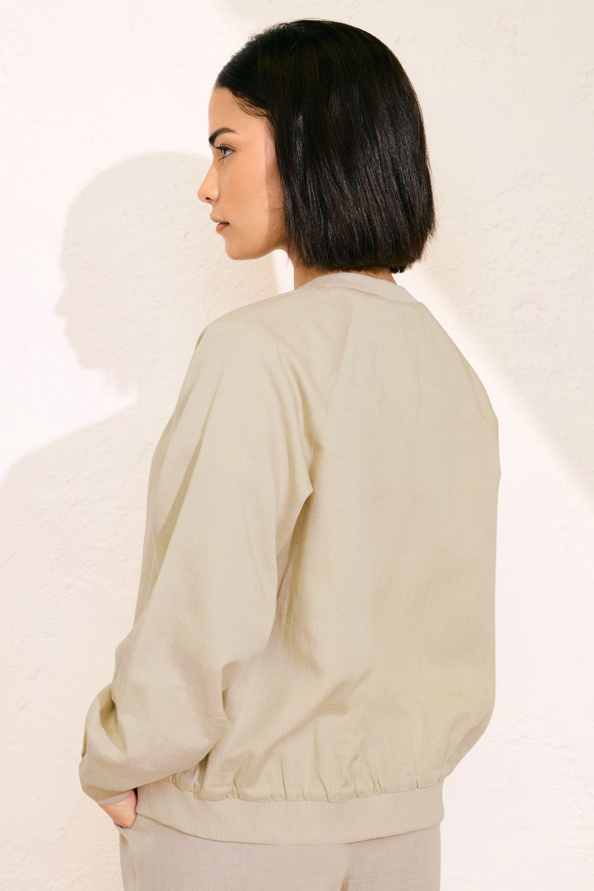 PixieGirl Petite Women's Stone Brown Linen Bomber Jacket | PixieGirl 3