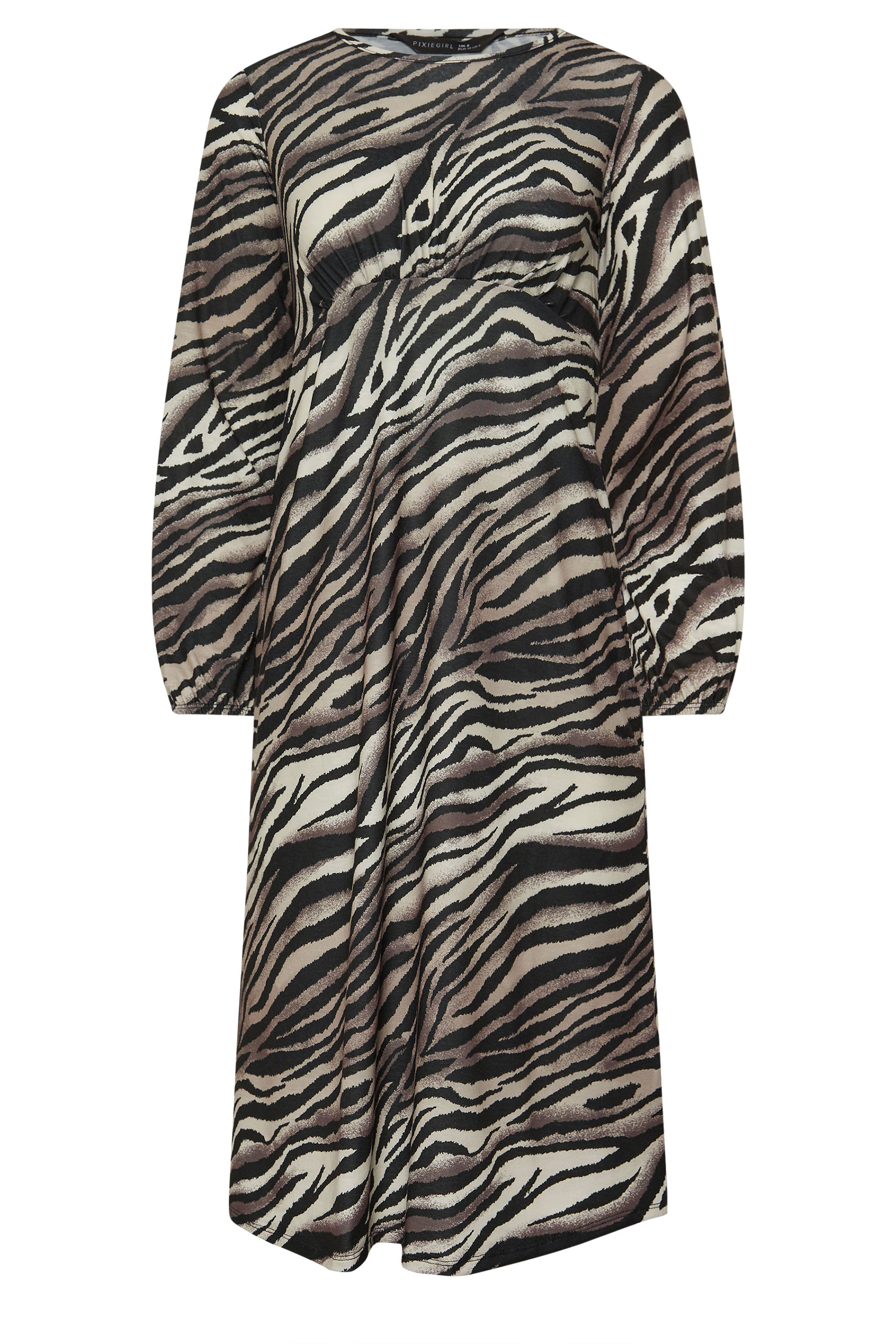 PixieGirl Petite Women's Brown Zebra Print Long Sleeve Midi Dress | PixieGirl 5