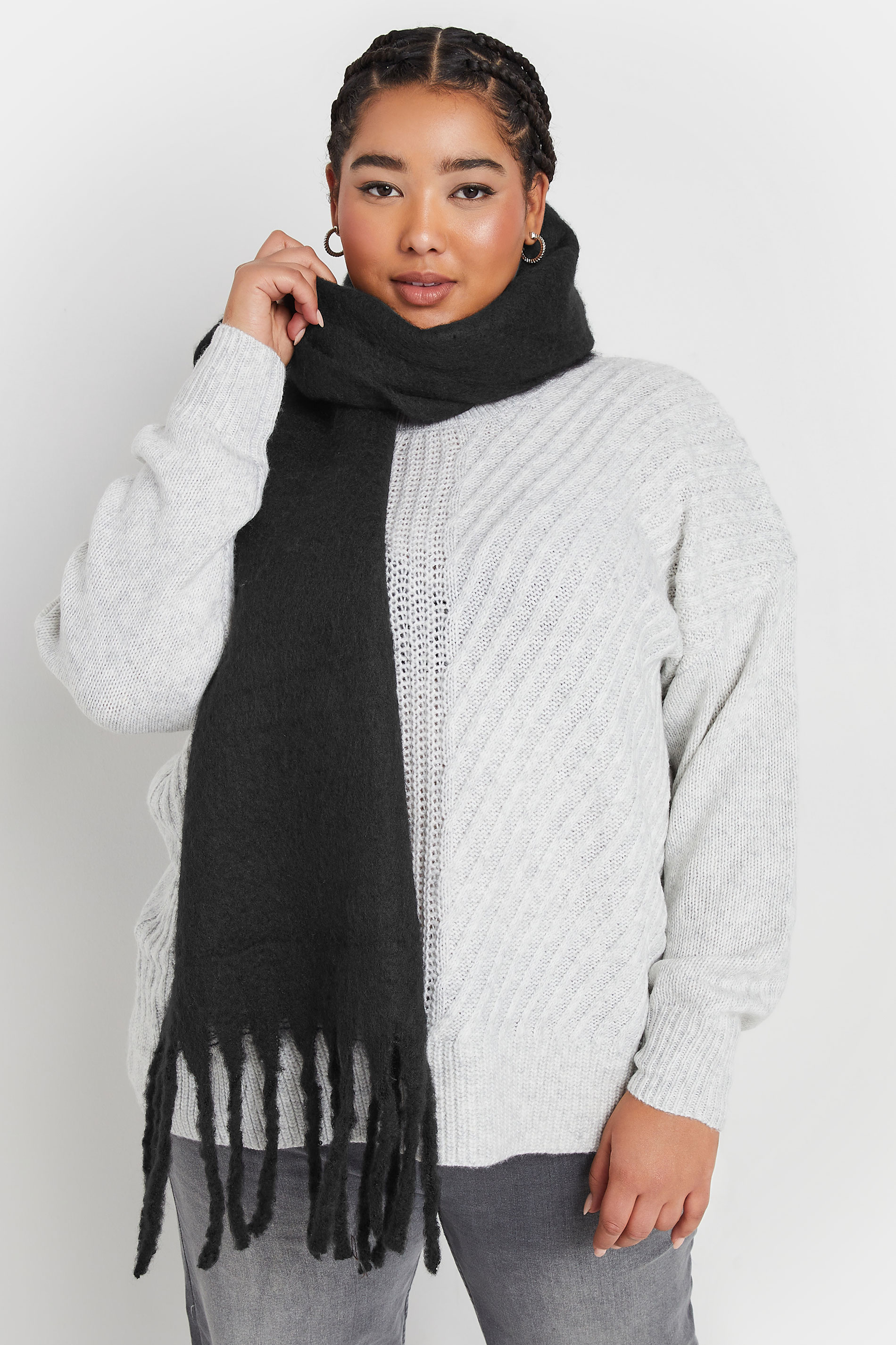 Black Tassel Trim Chunky Scarf | Yours Clothing 1