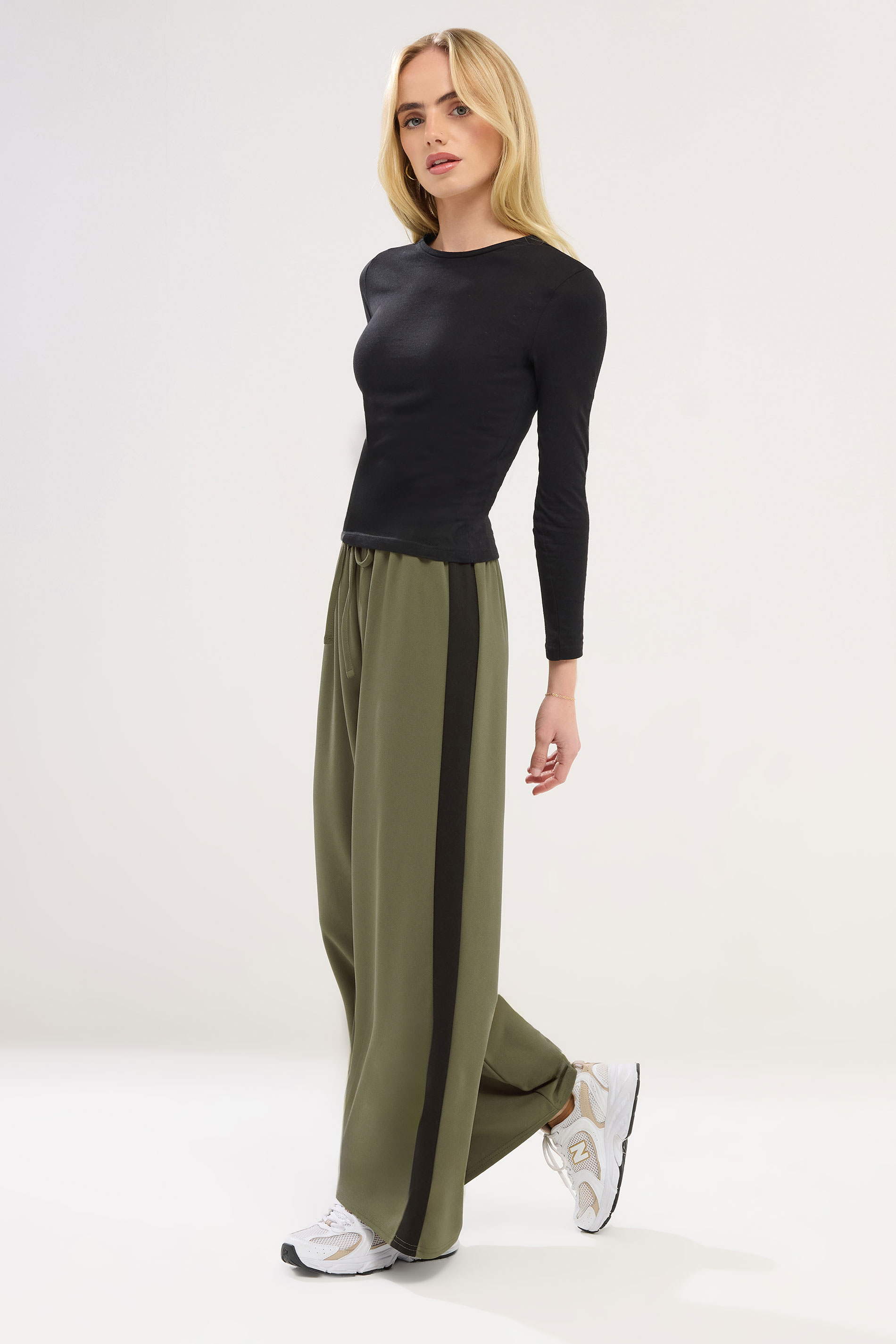 PixieGirl Petite Womens Olive Green Side Stripe Trousers | PixieGirl 1