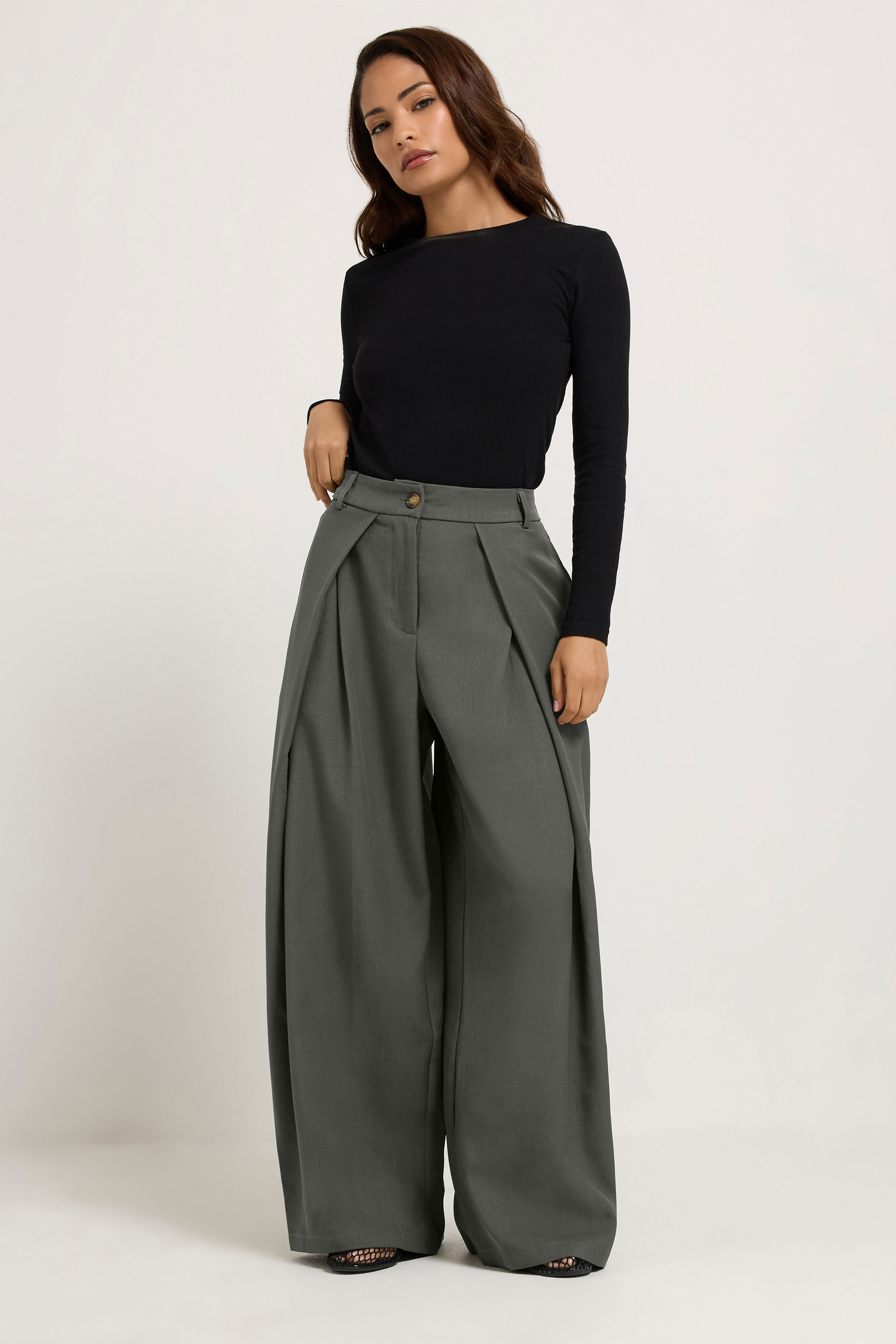 Pixiegirl Women's Grey Petite Wrap Pleated Wide Leg Trousers Size Petite > 18