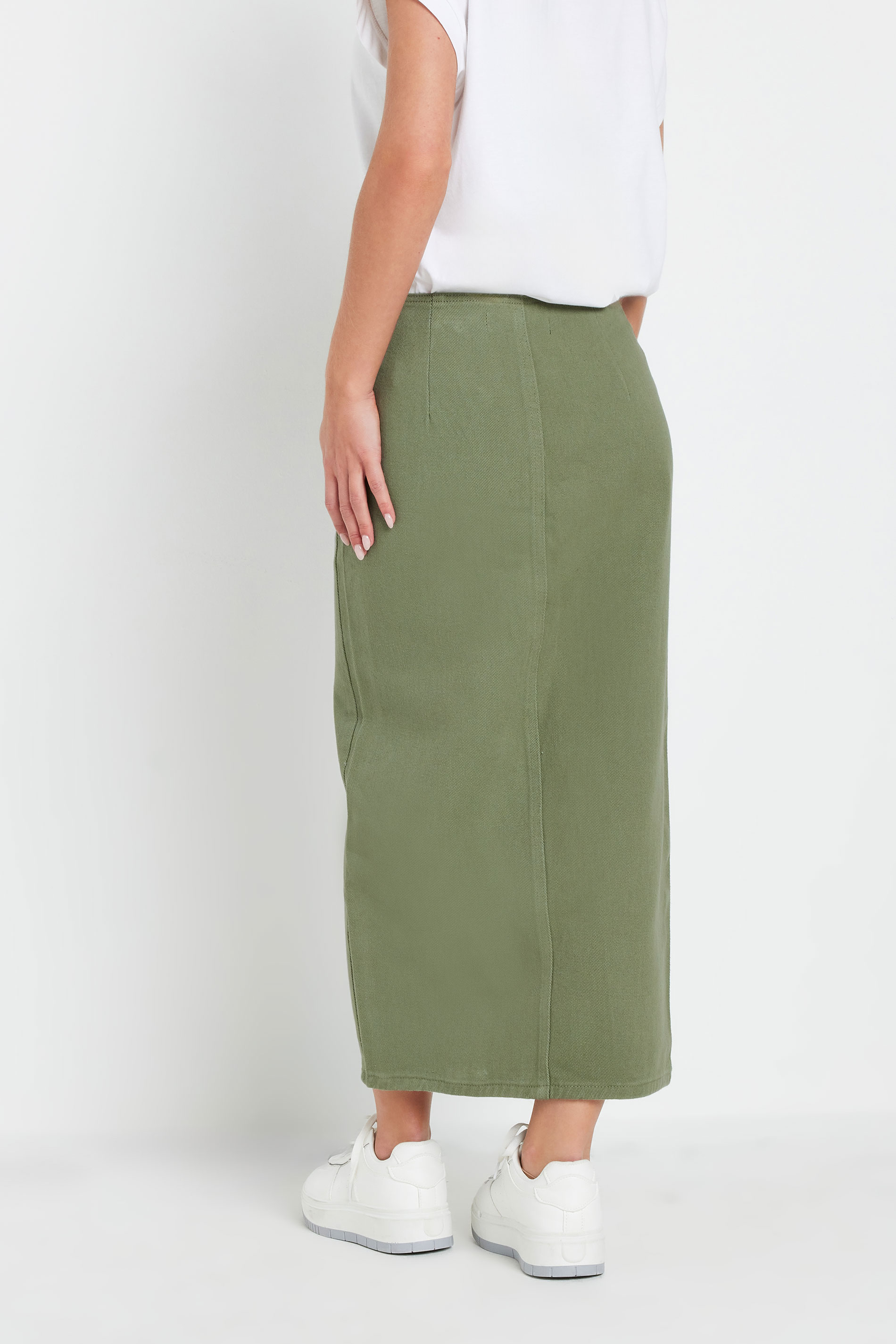 PixieGirl Petite Women's Khaki Green Denim Asymmetric Button Midi Skirt | PixieGirl 4