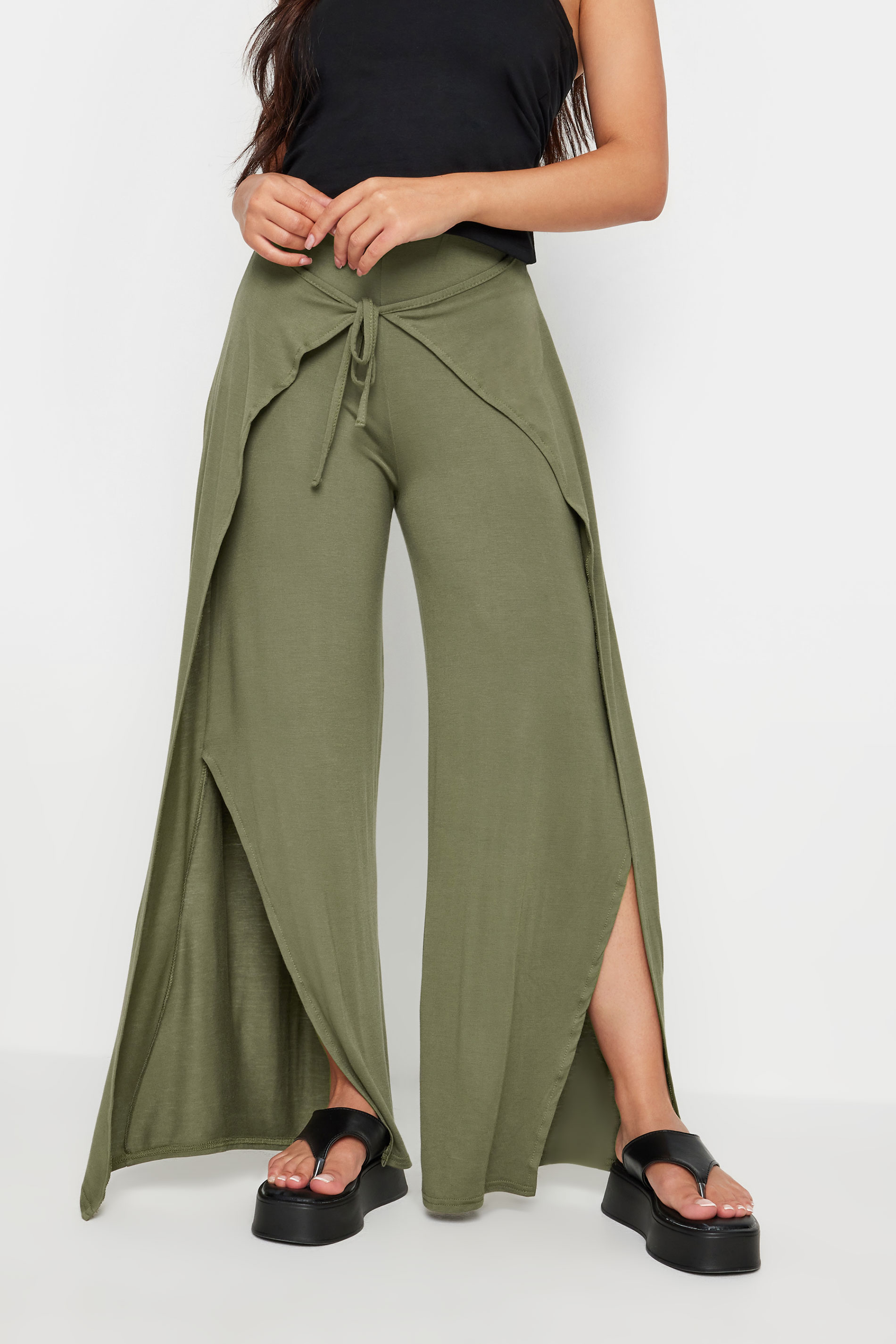 PixieGirl Petite Women's Khaki Green Wide Leg Wrap Trousers | PixieGirl 3
