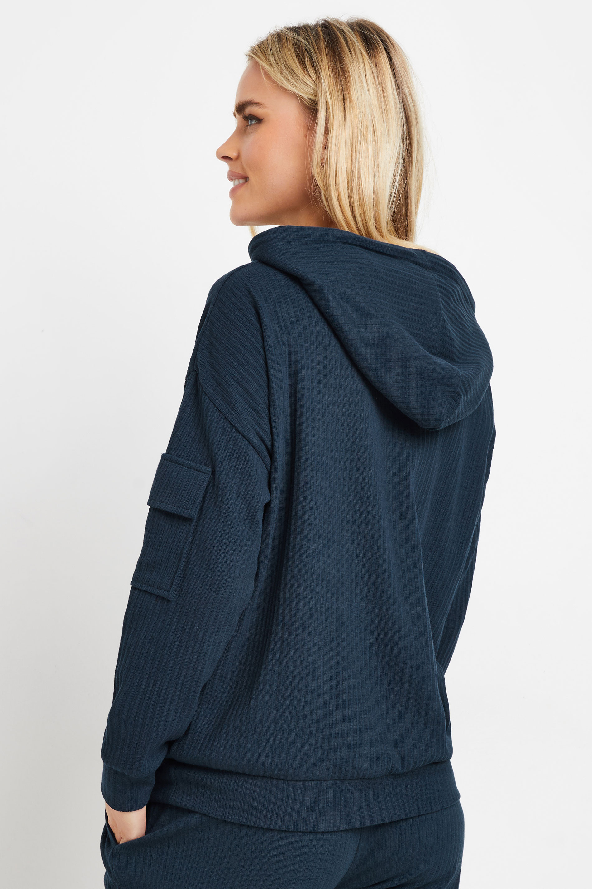 PixieGirl Petite Women's Navy Blue Ribbed Cargo Pocket Hoodie | PixieGirl 5